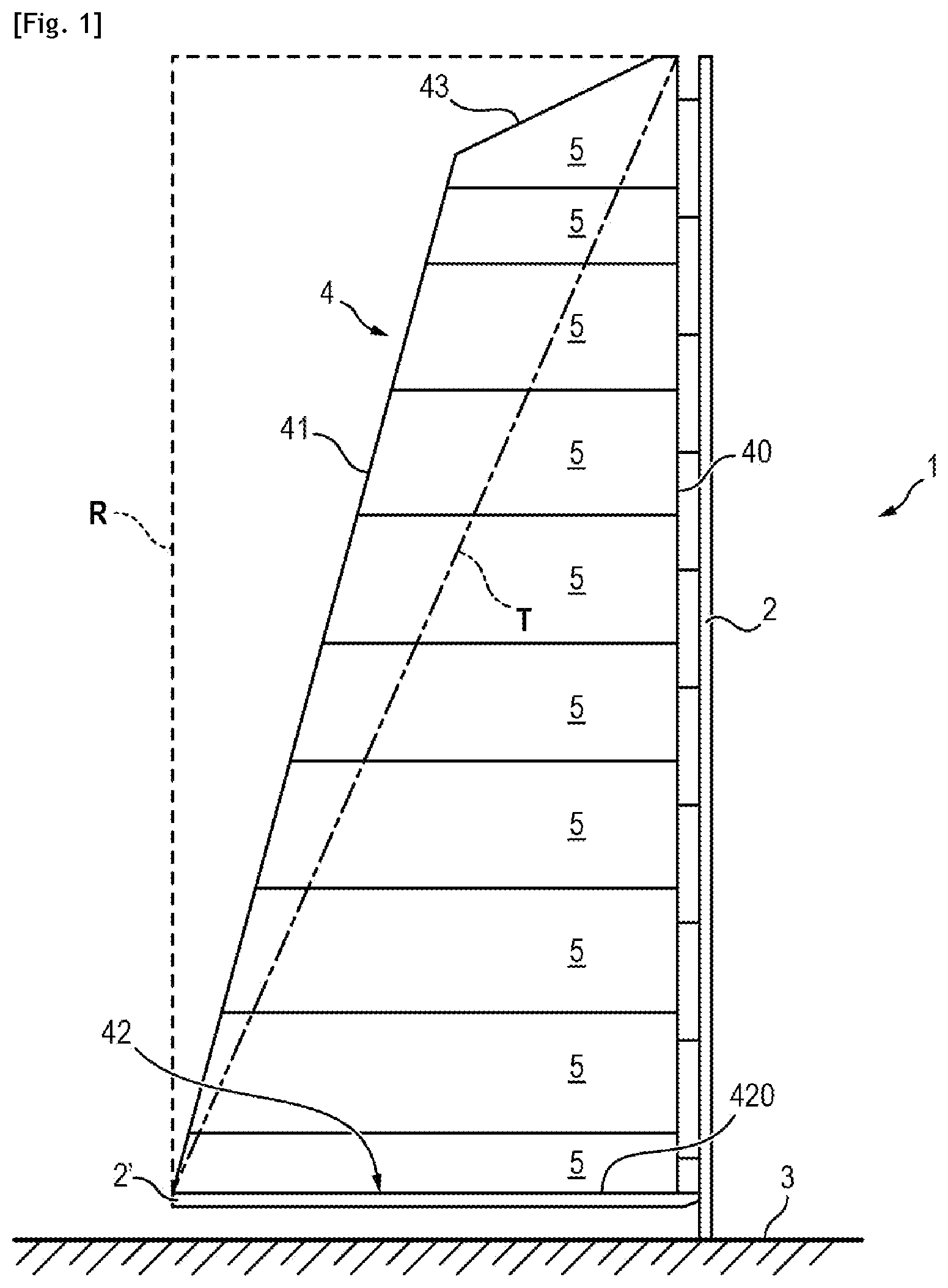 Patent US12448099 Figure 1 – Sailing vessel provided with a transit part for lowering and hoisting said sail
