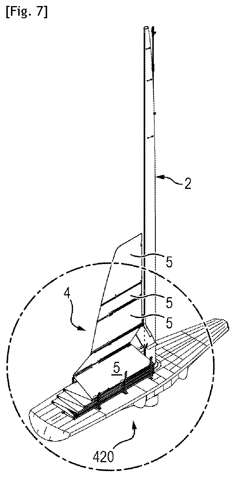 Patent US12448099 Figure 6 – Sailing vessel provided with a transit part for lowering and hoisting said sail