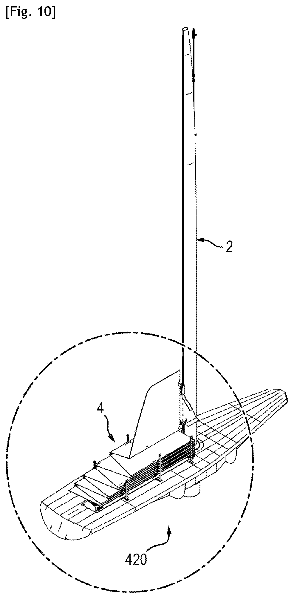 Patent US12448099 Figure 8 – Sailing vessel provided with a transit part for lowering and hoisting said sail