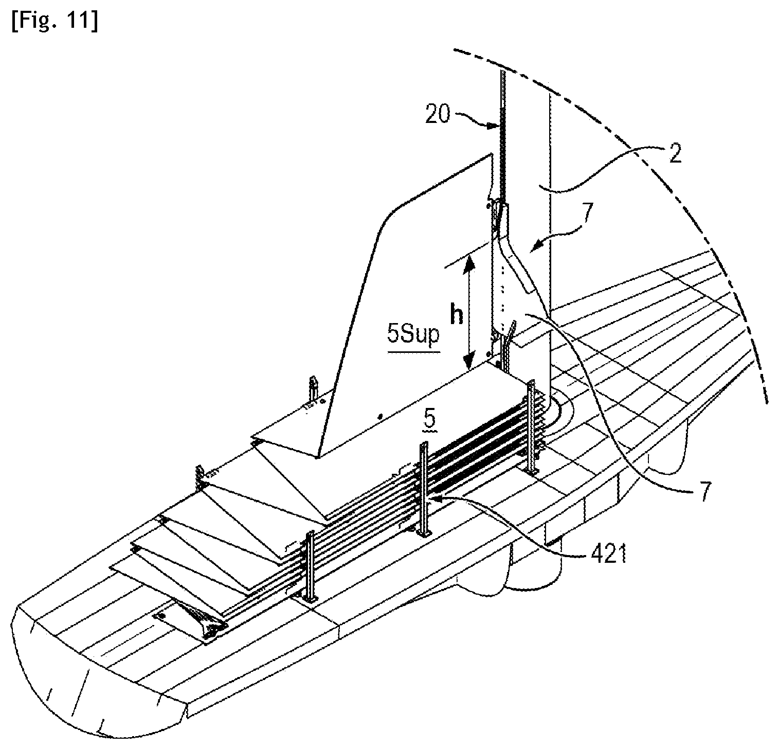 Patent US12448099 Figure 9 – Sailing vessel provided with a transit part for lowering and hoisting said sail