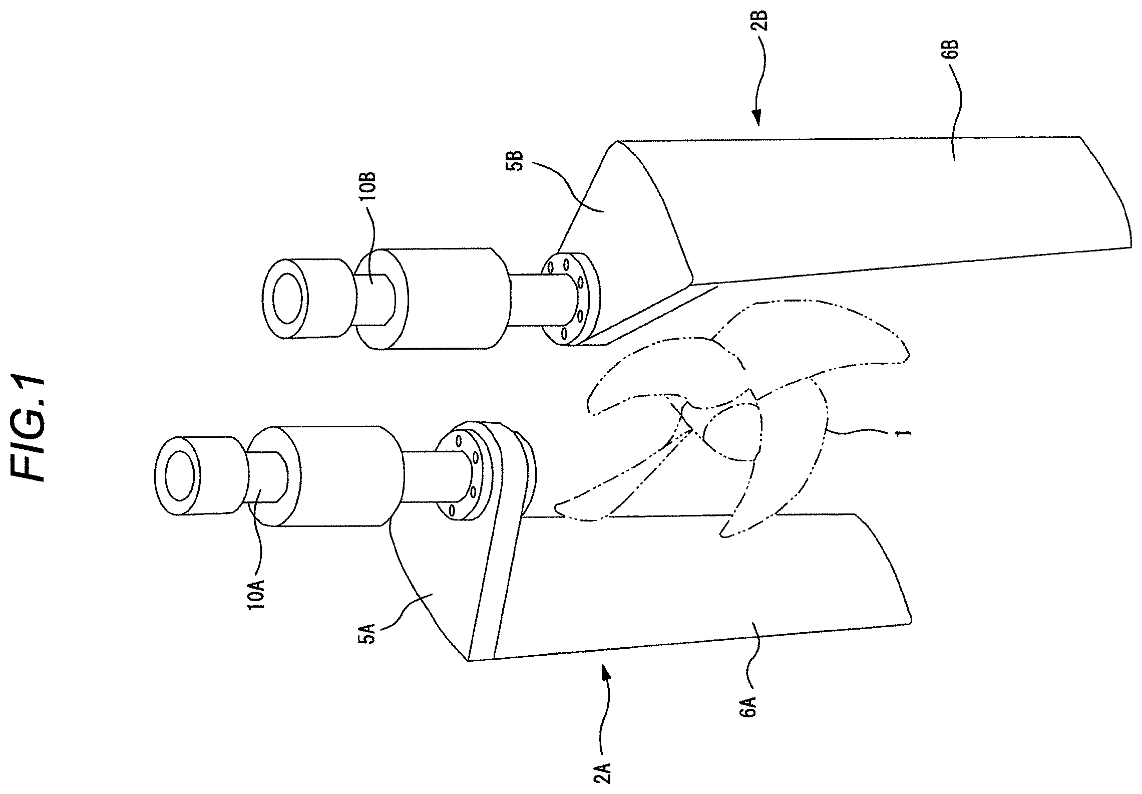 Patent US12448106 Figure 1 – Gate rudder including left rudder and right rudder disposed left and right of propeller of ship
