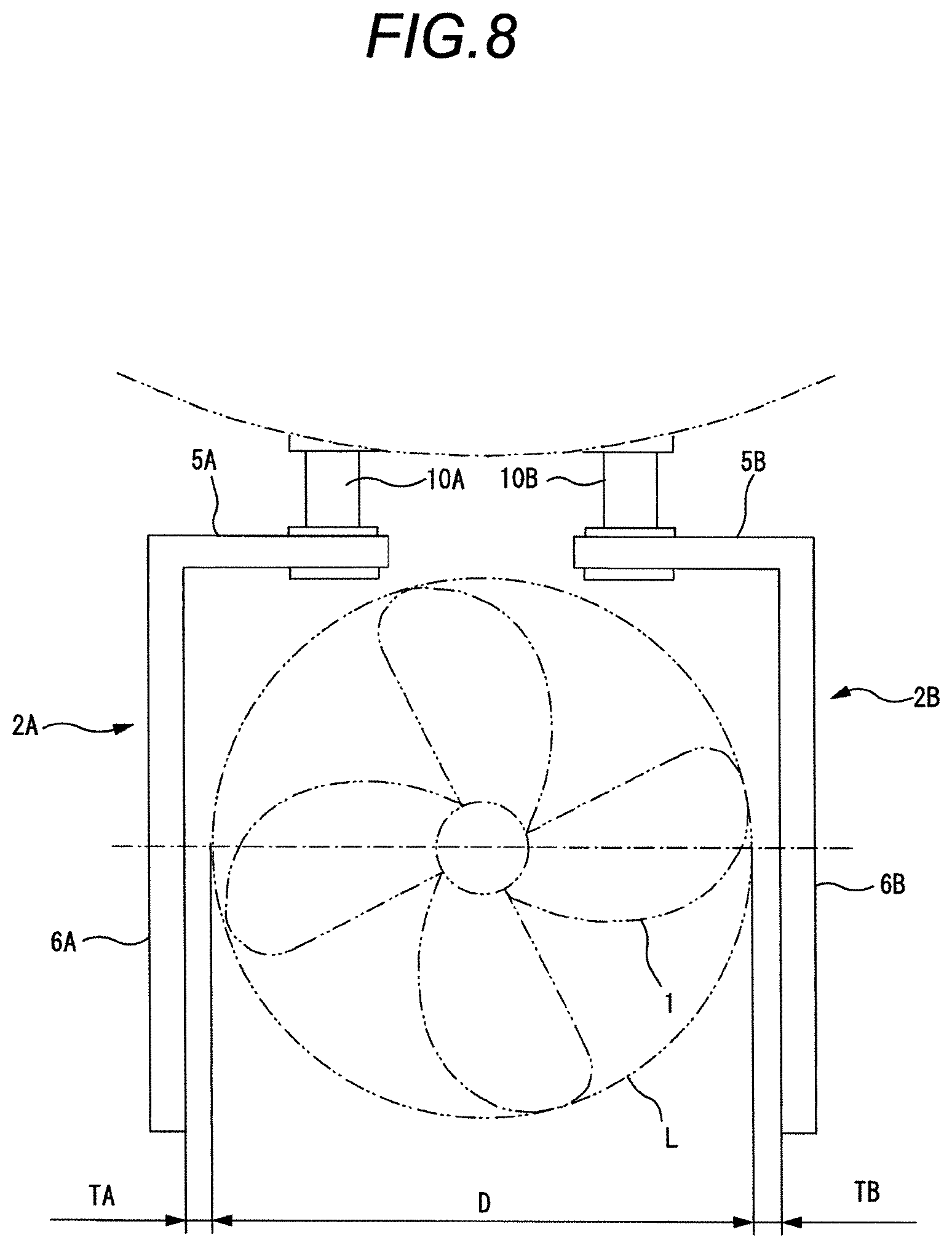 Patent US12448106 Figure 8 – Gate rudder including left rudder and right rudder disposed left and right of propeller of ship