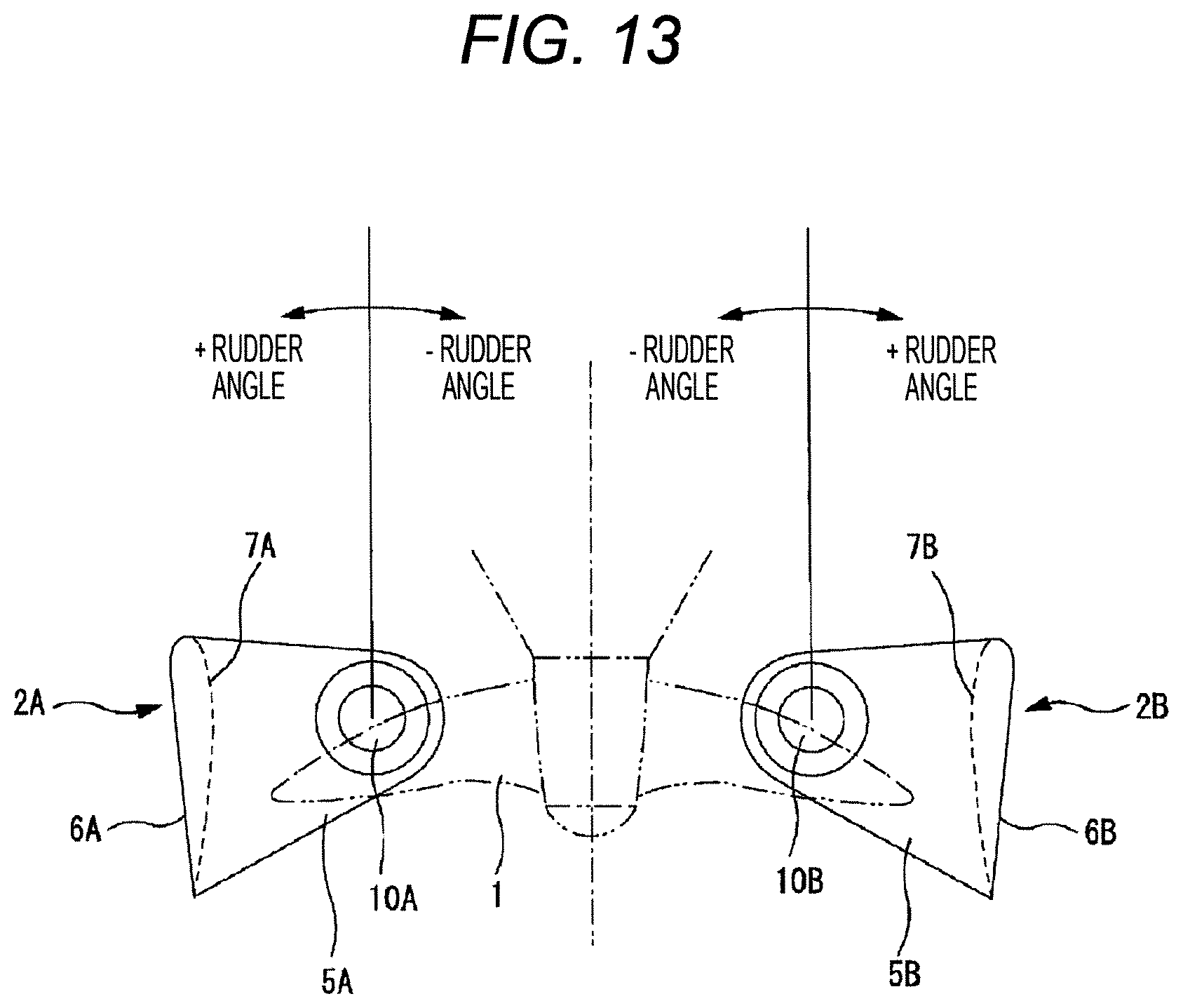 Patent US12448106 Figure 13 – Gate rudder including left rudder and right rudder disposed left and right of propeller of ship