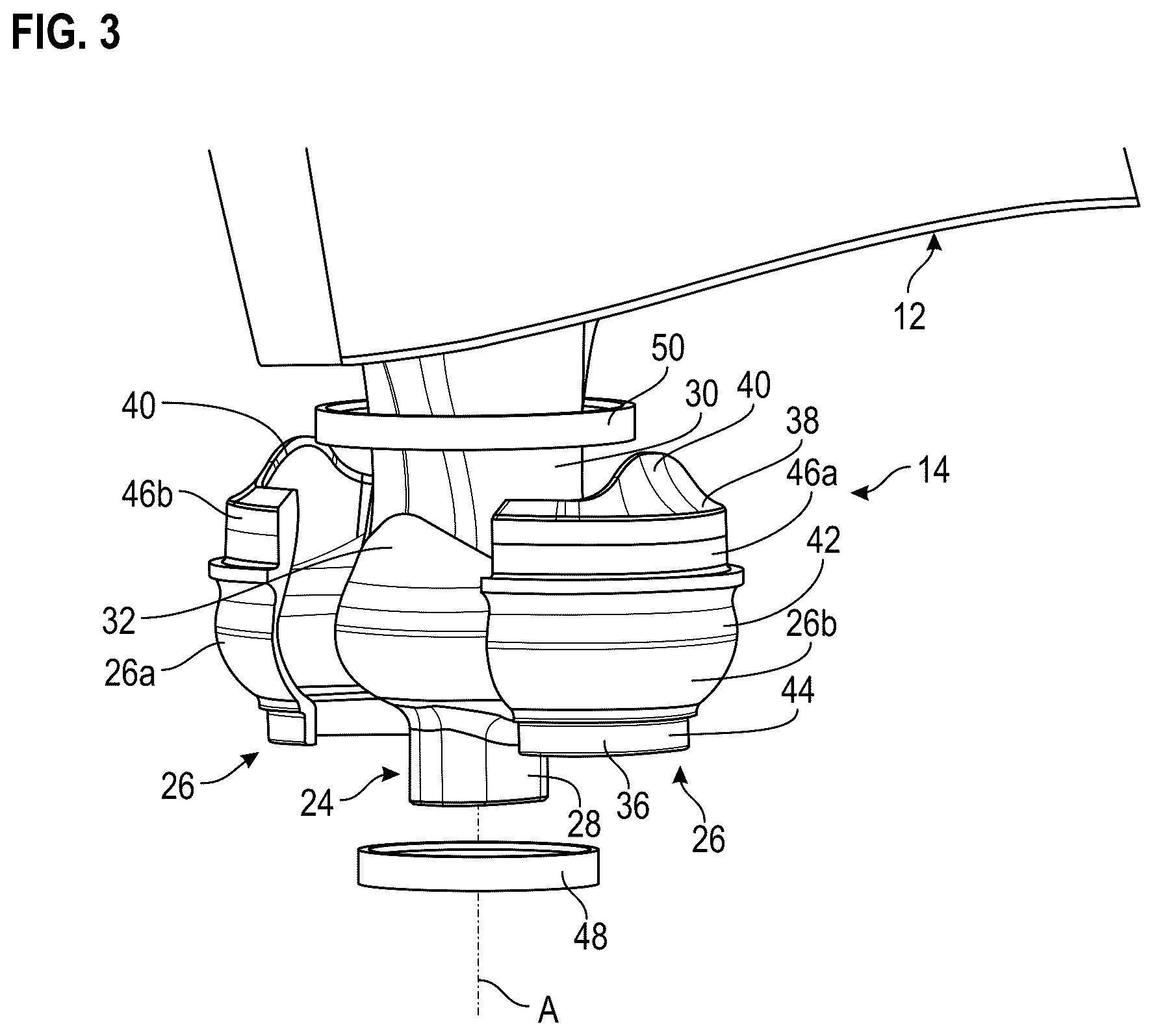 Patent US12448110 Figure 3 – Assembly comprising a vane and a vane pitch setting system