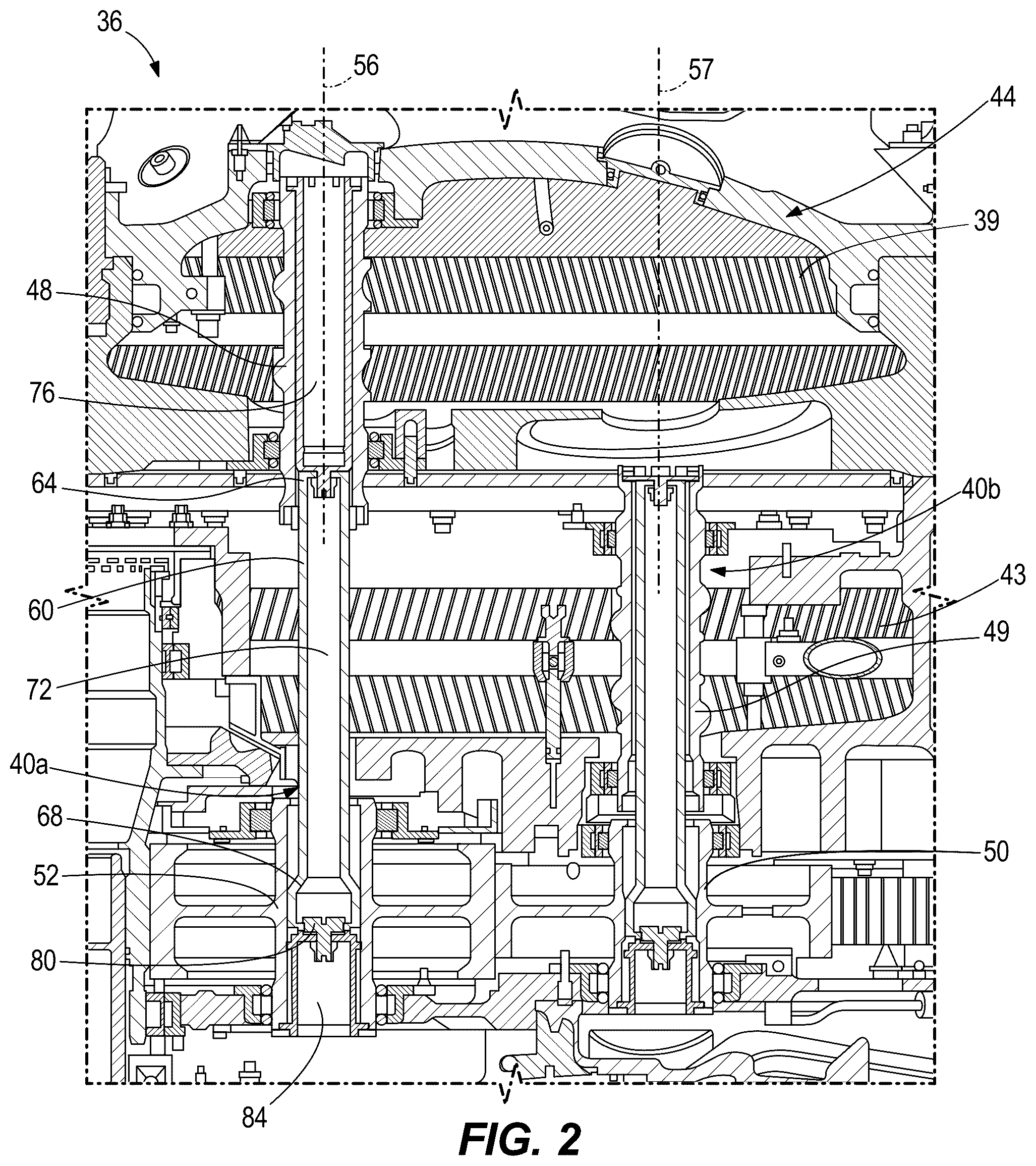 Patent US12448120 Figure 2 – Shaft assembly for split torque gear box