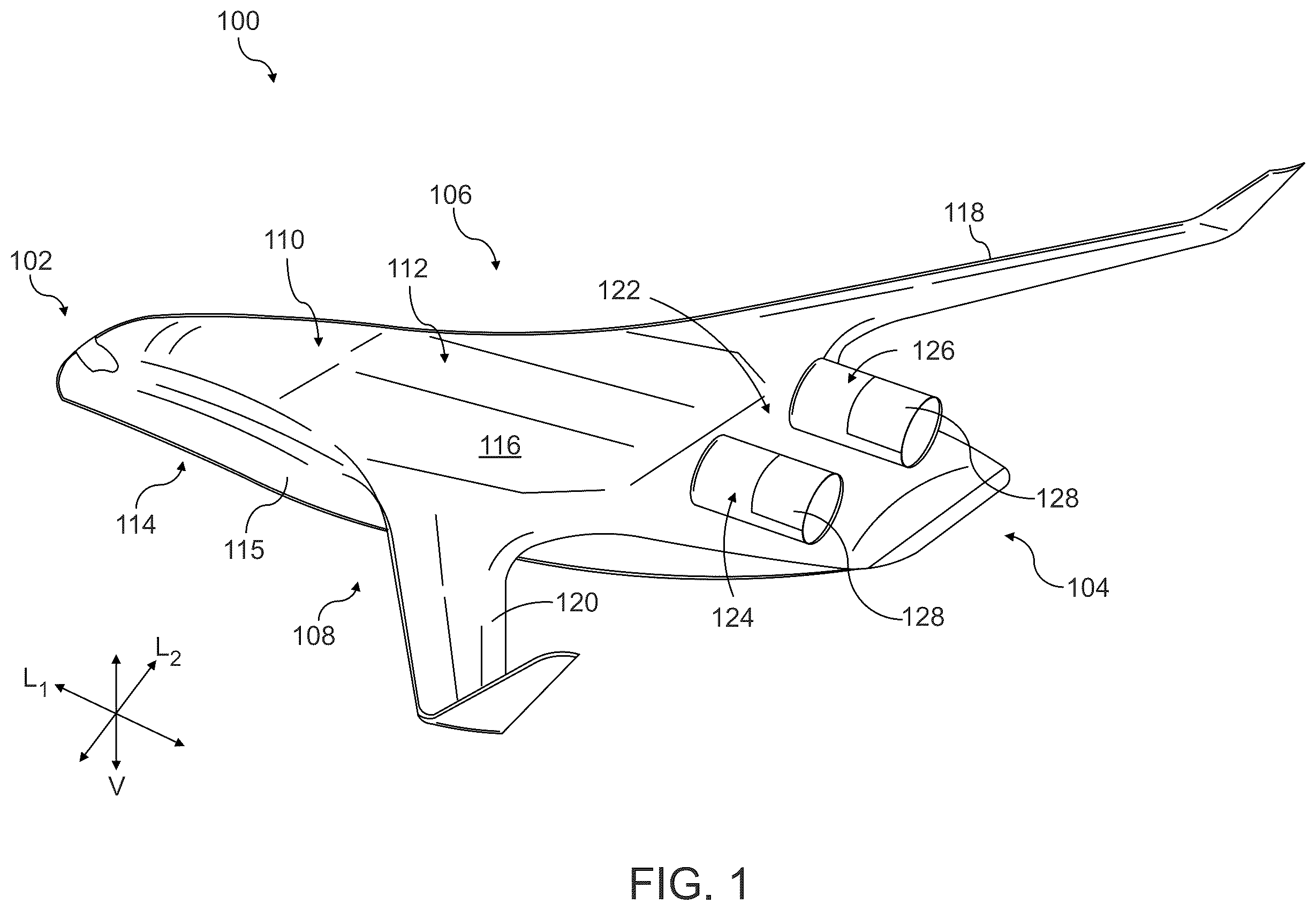 Patent US12448134 Figure 1 – Blended wing aircraft