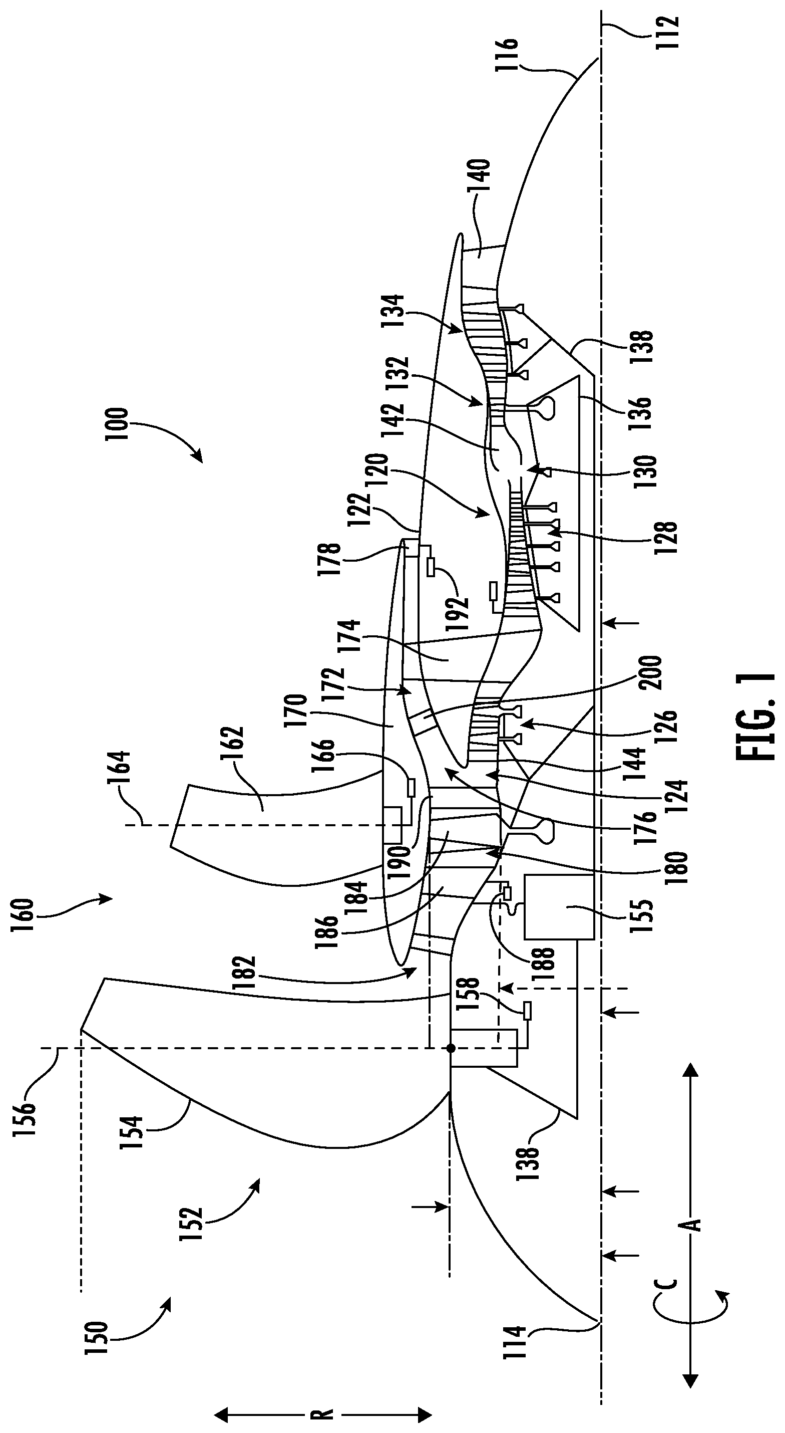 Patent US12448139 Figure 1 – Open rotor pylon fairing