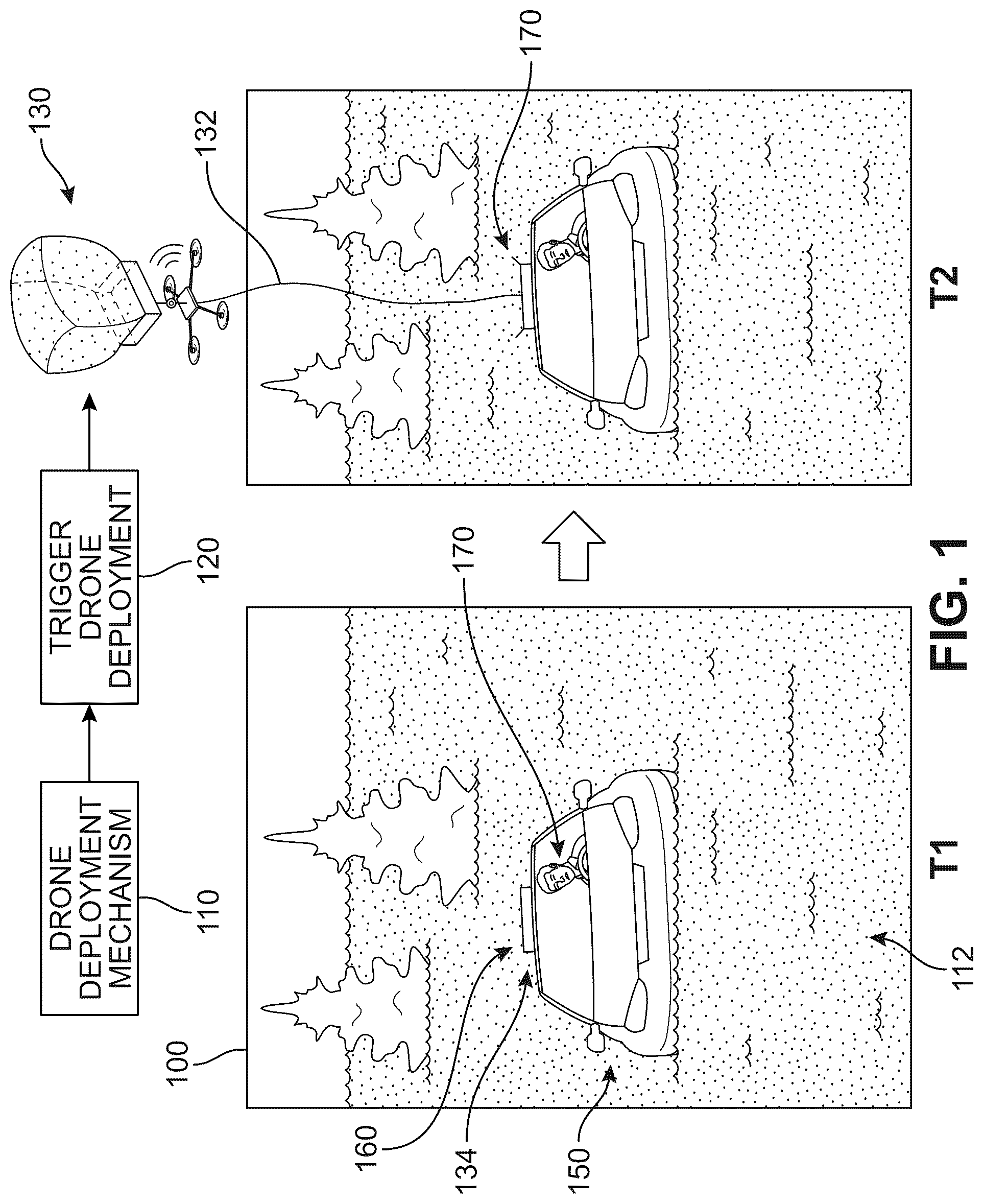 Patent US12448157 Figure 1 – Drone-based emergency beacon system for vehicles