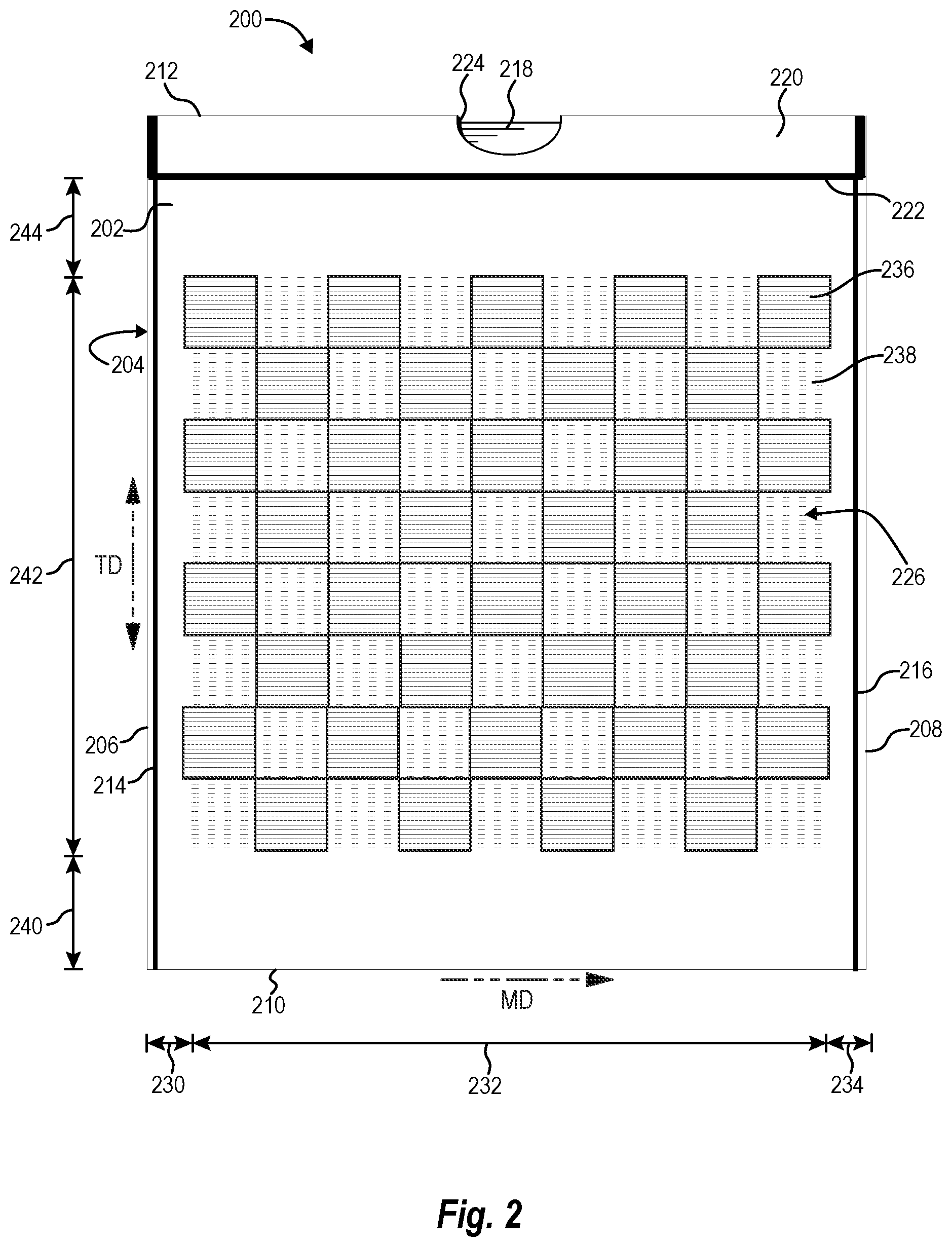 Patent US12448178 Figure 2 – Phased intermeshing rollers for creating patterns in trash bags