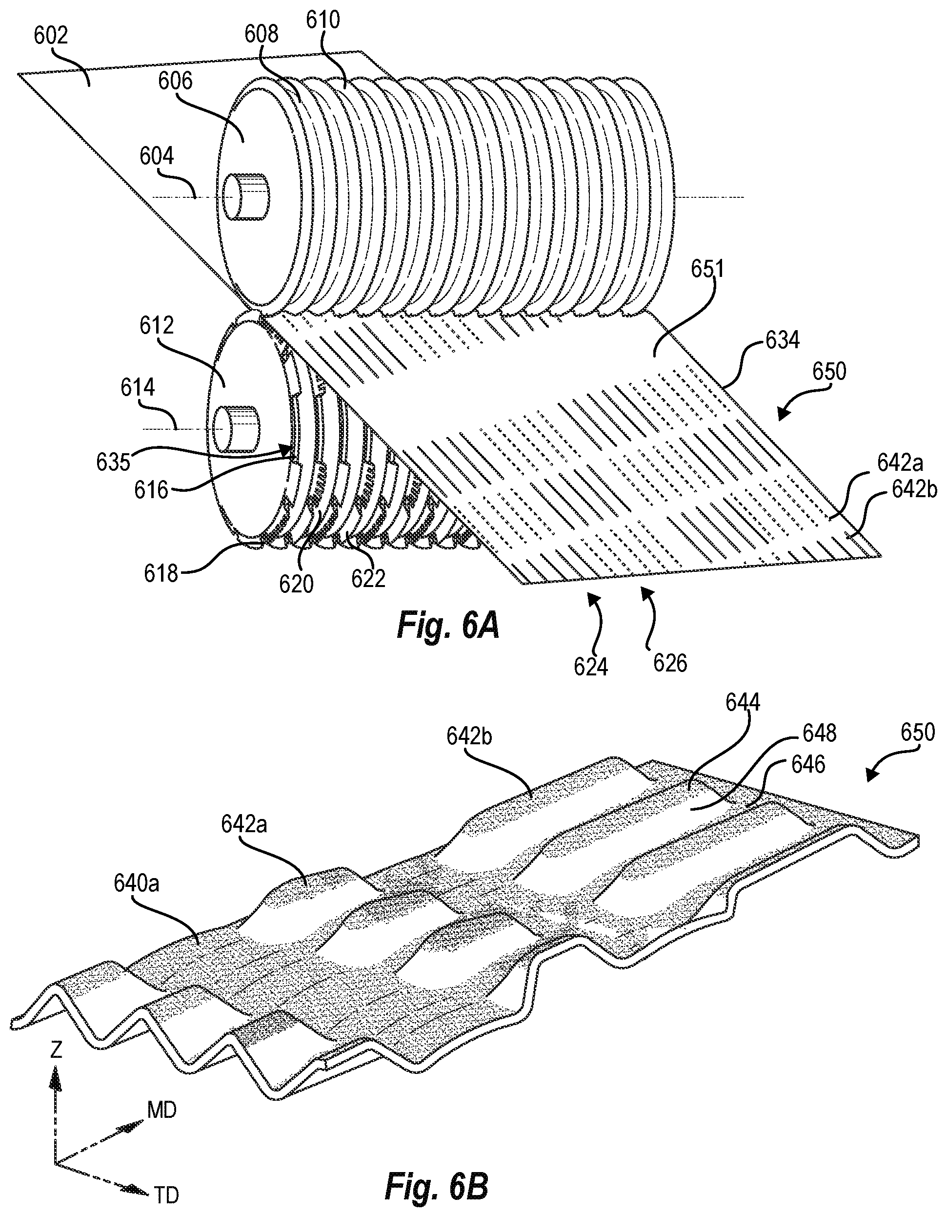 Patent US12448178 Figure 7 – Phased intermeshing rollers for creating patterns in trash bags
