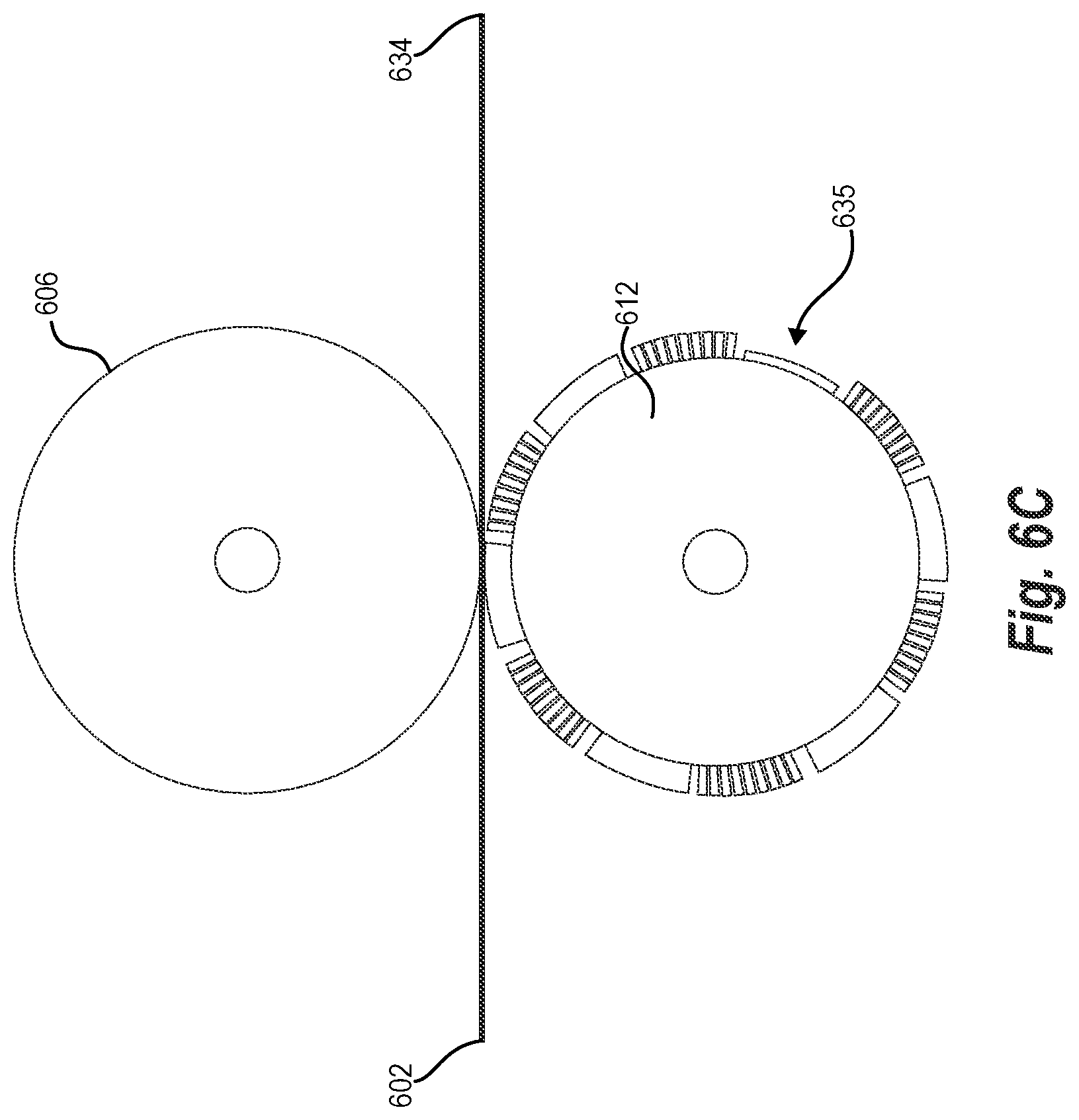 Patent US12448178 Figure 8 – Phased intermeshing rollers for creating patterns in trash bags