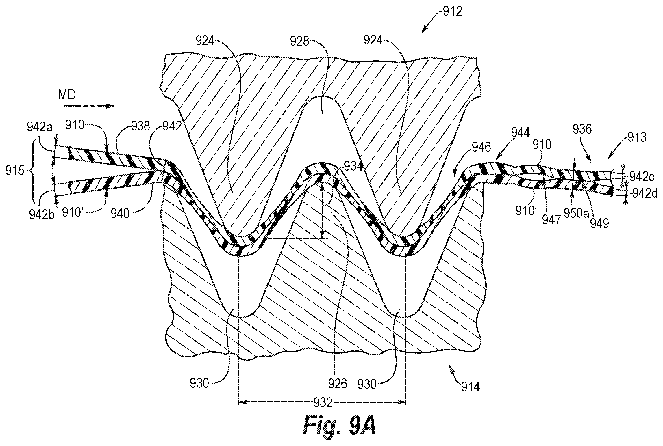 Patent US12448178 Figure 12 – Phased intermeshing rollers for creating patterns in trash bags