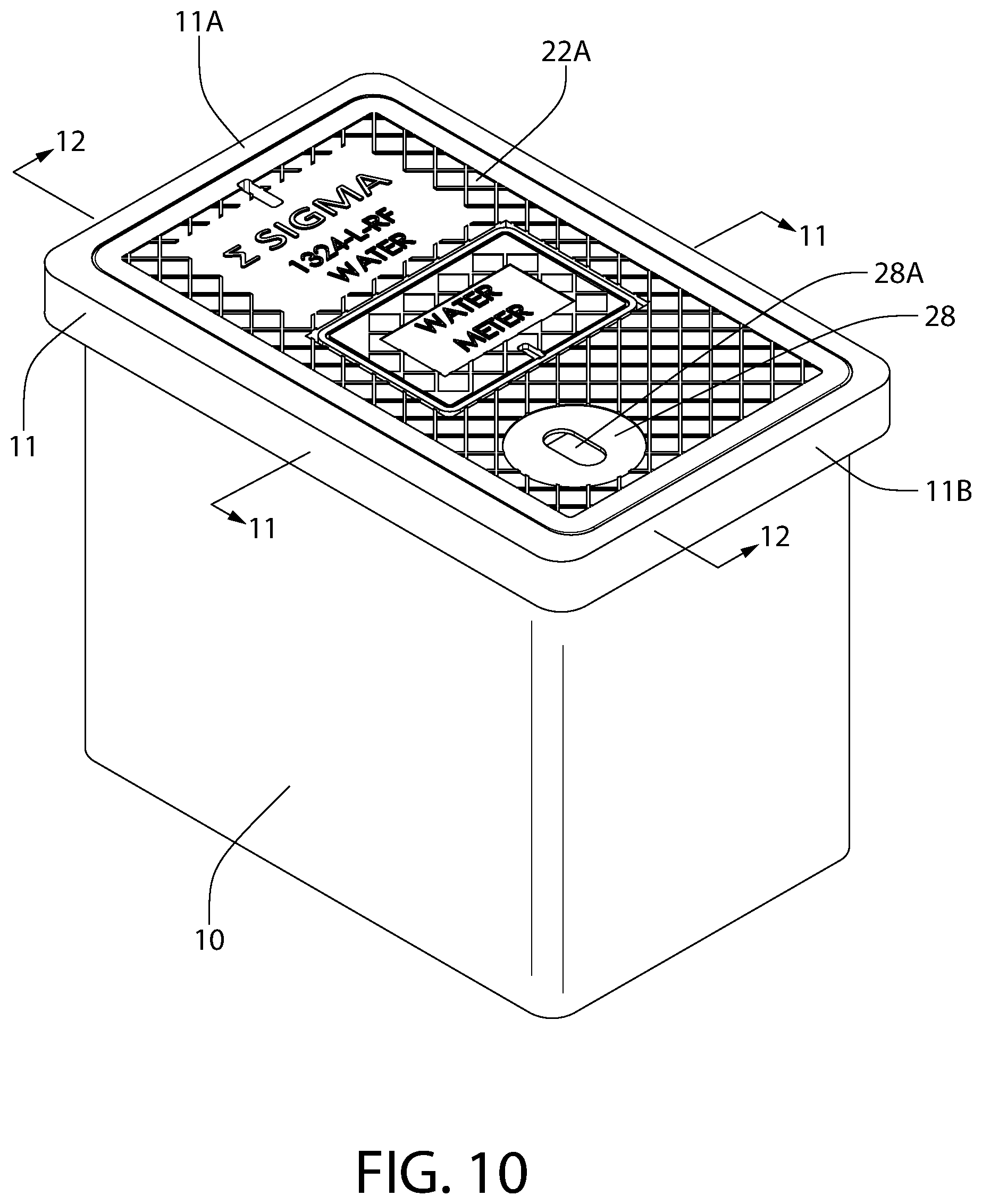 Patent US12448185 Figure 13 – Plastic meter lid and frame assembly for an in-ground meter box