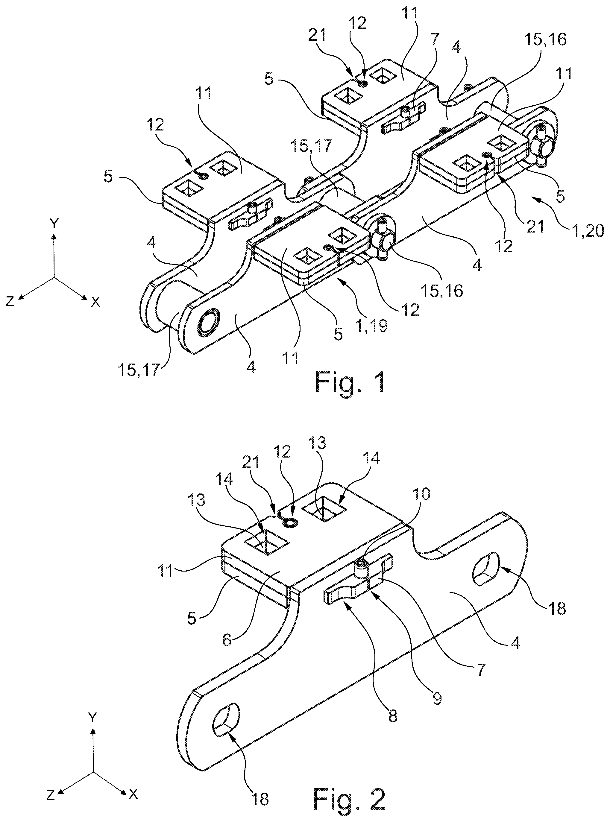 Patent US12448216 Figure 1 – Chain link, plate-link chain and chain conveyor
