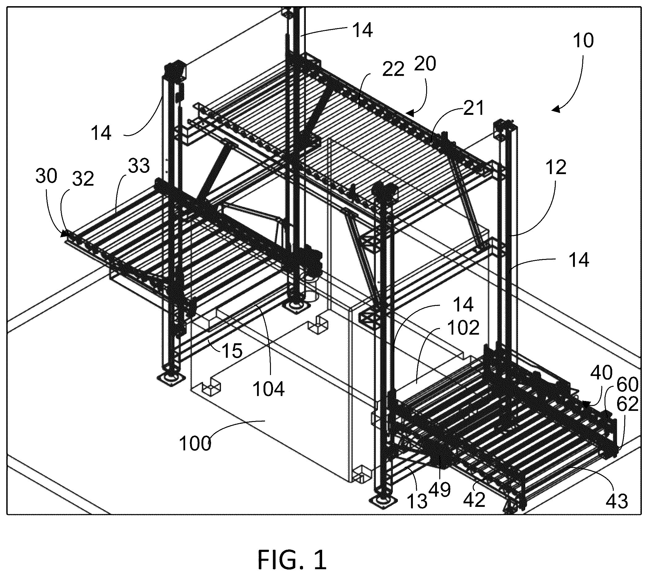 Patent US12448222 Figure 1 – Apparatus for manufacturing with overhead conveyor and pinch conveyor