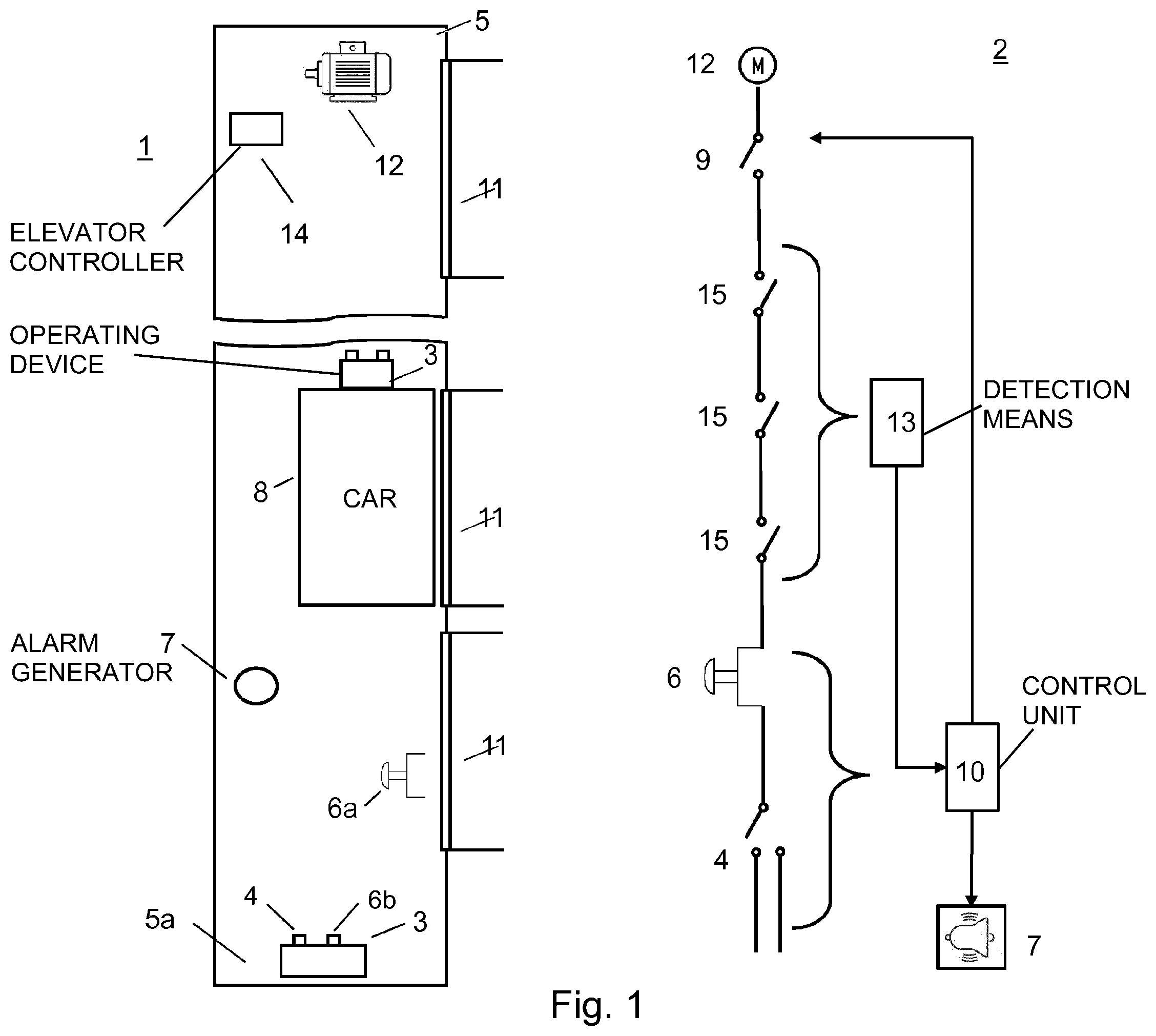Patent US12448247 Figure 1 – Inspection control system for an elevator system and method for switching an elevator system between a normal mode and an inspection mode