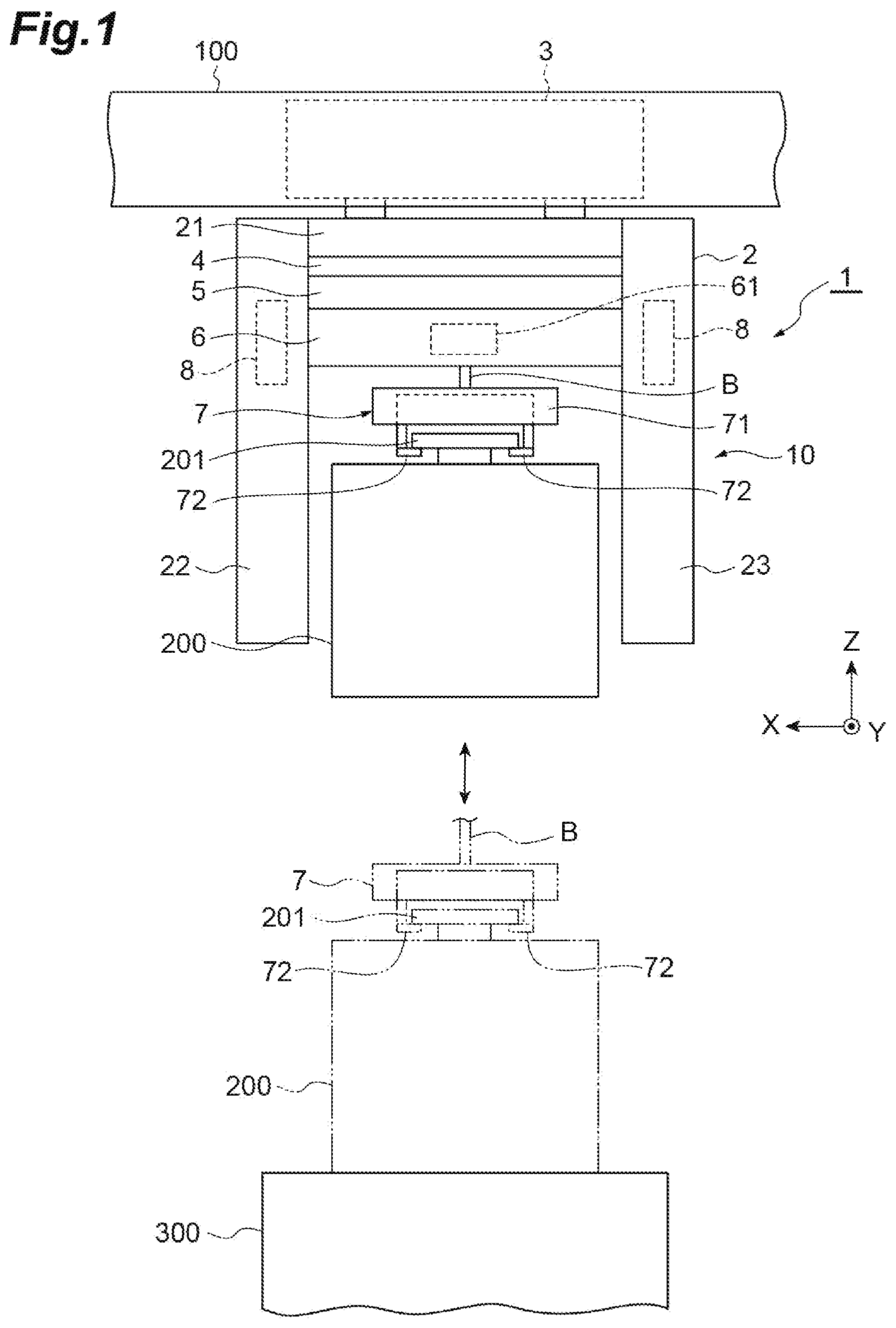 Patent US12448254 — Overhead transport vehicle, and method of controlling raising/lowering of gripping unit — Figure 1
