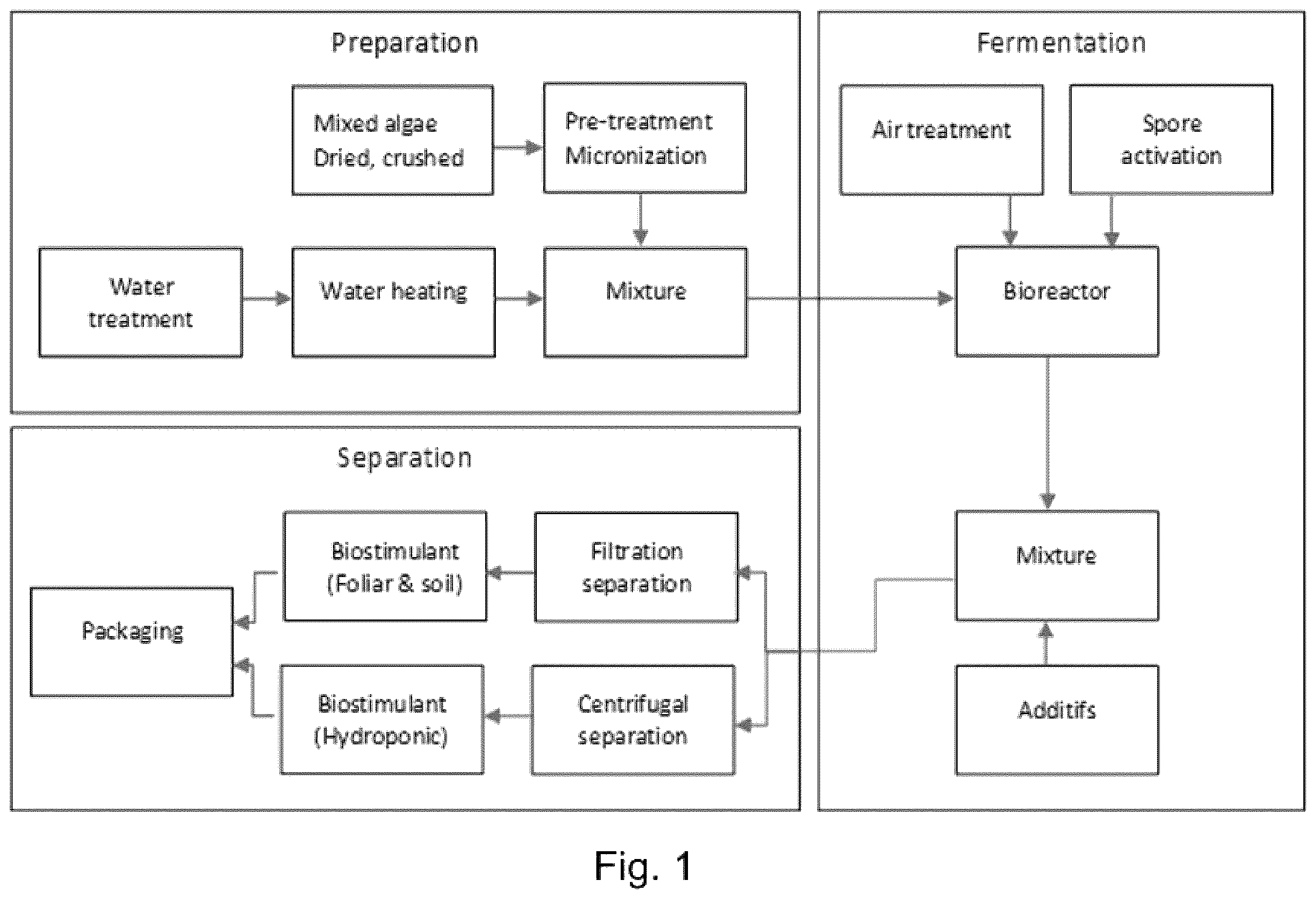 Patent US12448338 Figure 1 – Process for the manufacture of a biostimulant or natural fertilizer based on fermented macroalgae, natural additives and probiotic bacteria for agriculture and horticulture