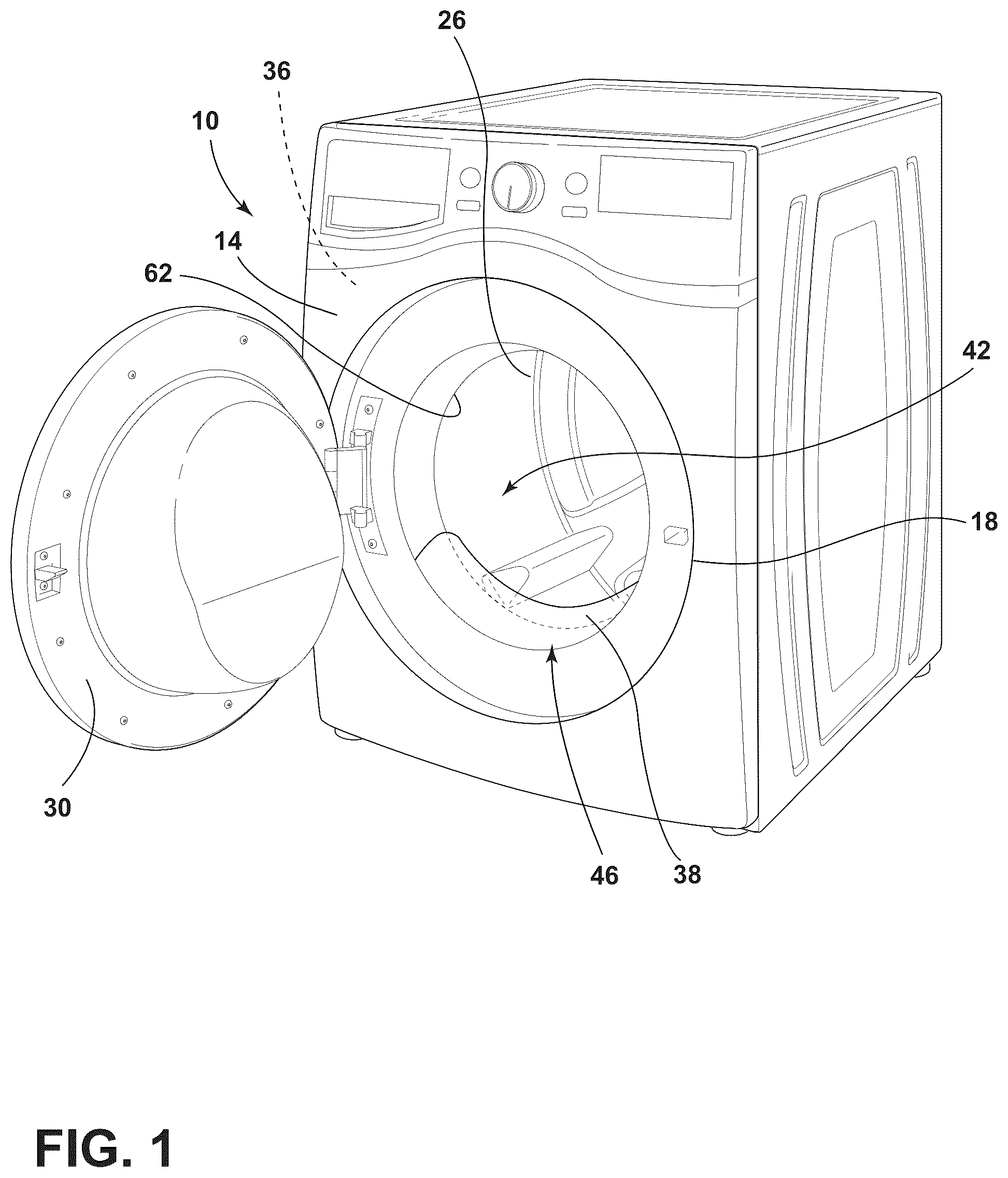 Patent US12448717 Figure 1 – Laundry appliance with a deflector