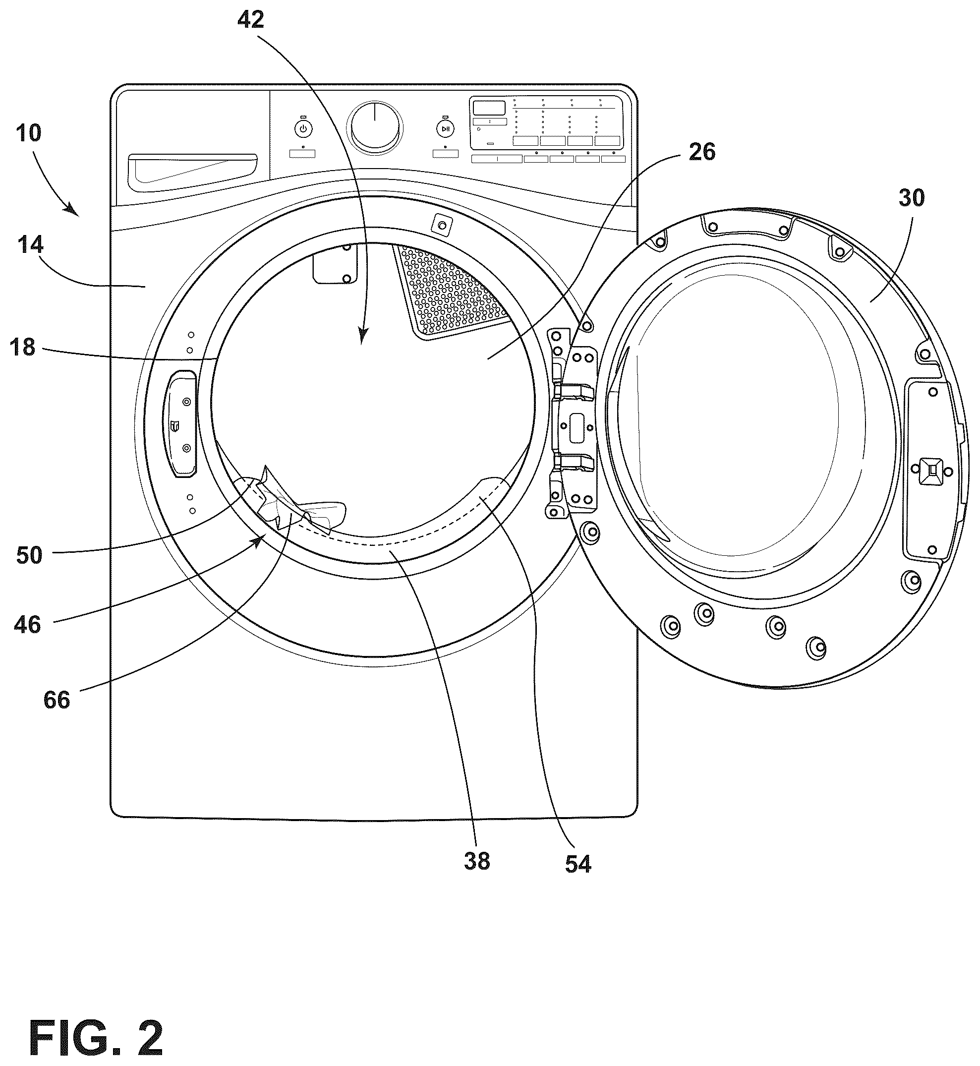 Patent US12448717 Figure 2 – Laundry appliance with a deflector