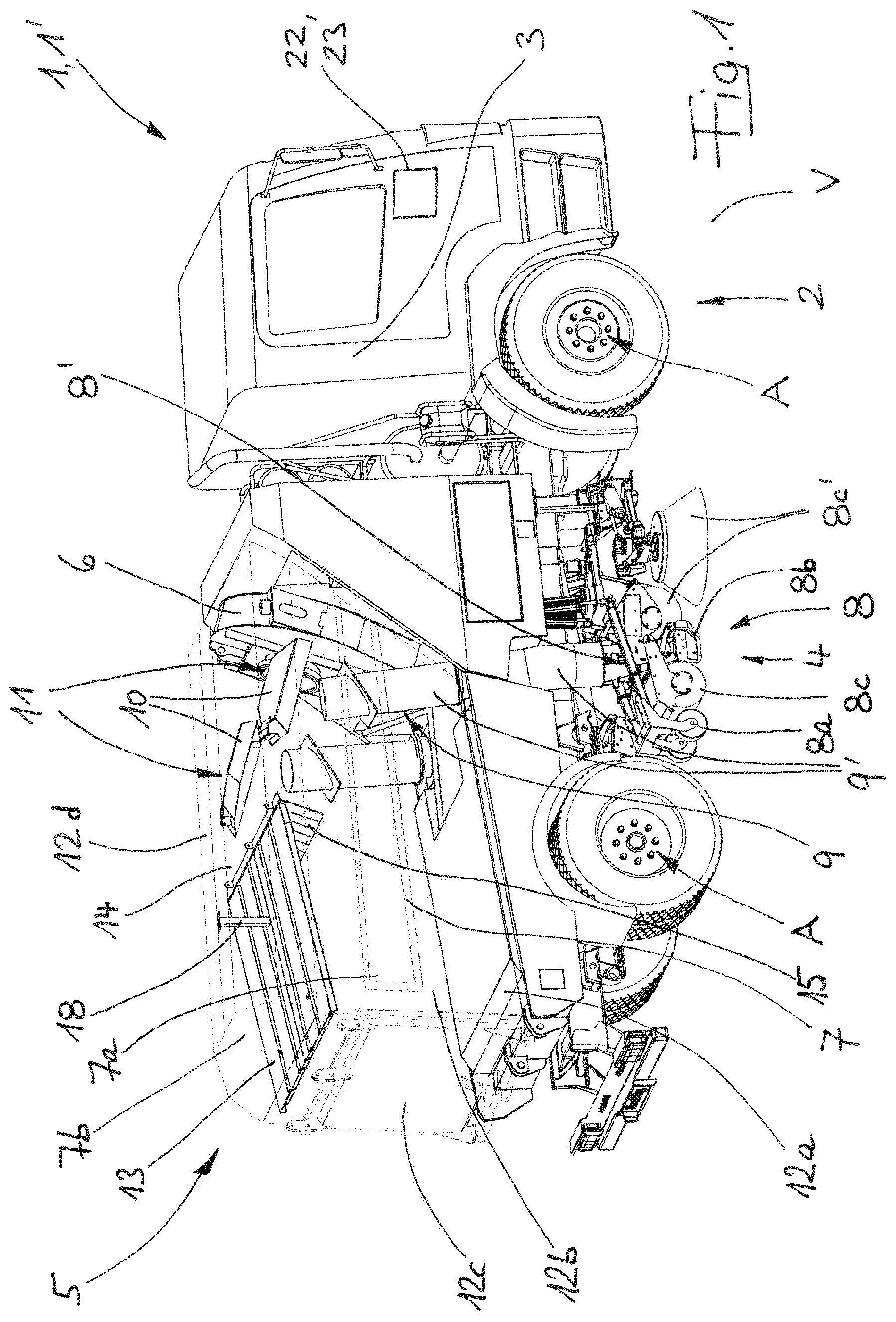Patent US12448744 Figure 1 – Self-propelled sweeping machine