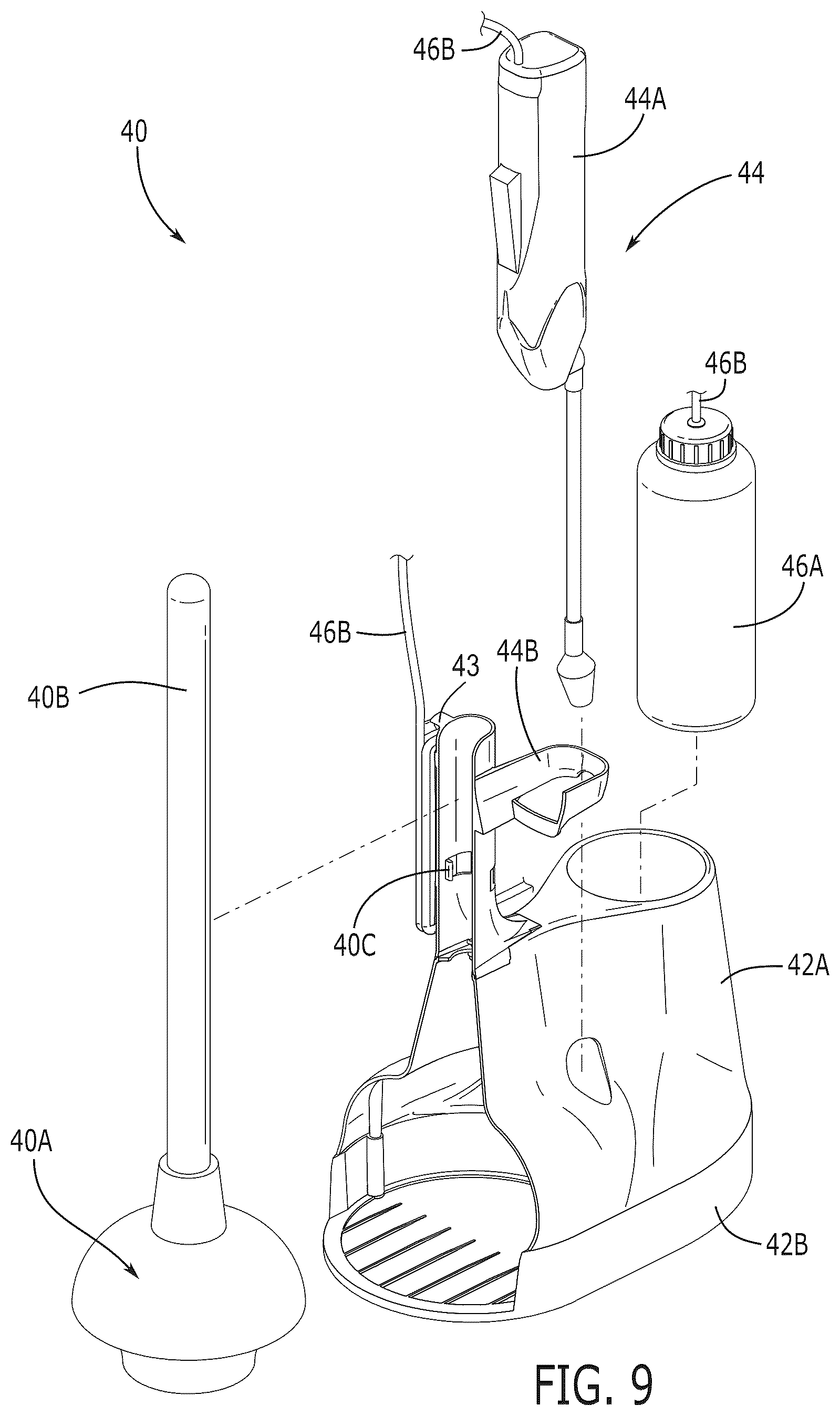 Patent US12448765 Figure 6 – Toilet plunger caddy with cleaning mechanism