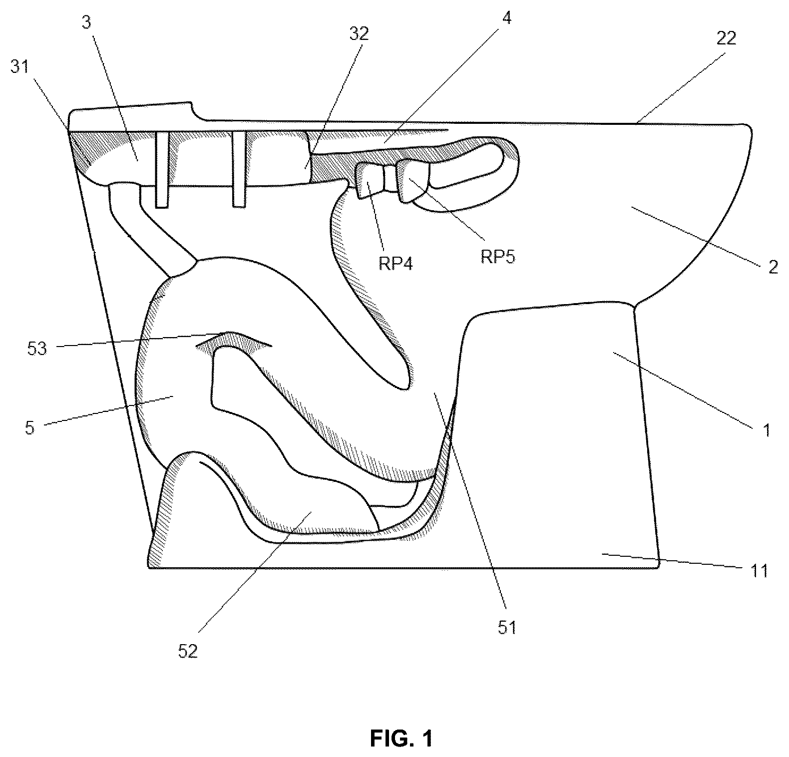 Patent US12448766 — Open-rim toilet with ports and openings in the rim and a wider discharge channel entrance to prevent blockage by waste — Figure 1