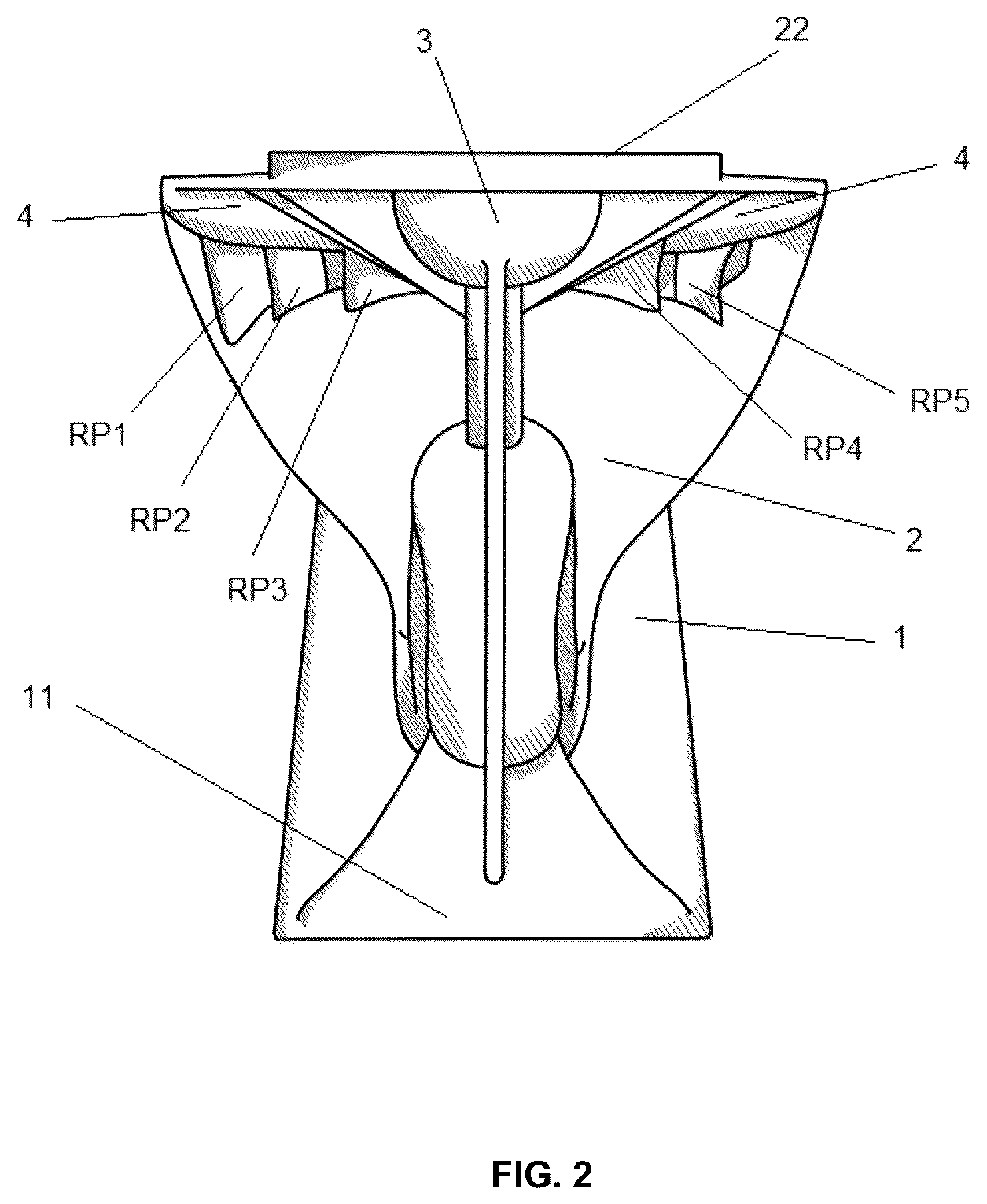 Patent US12448766 Figure 2 – Open-rim toilet with ports and openings in the rim and a wider discharge channel entrance to prevent blockage by waste