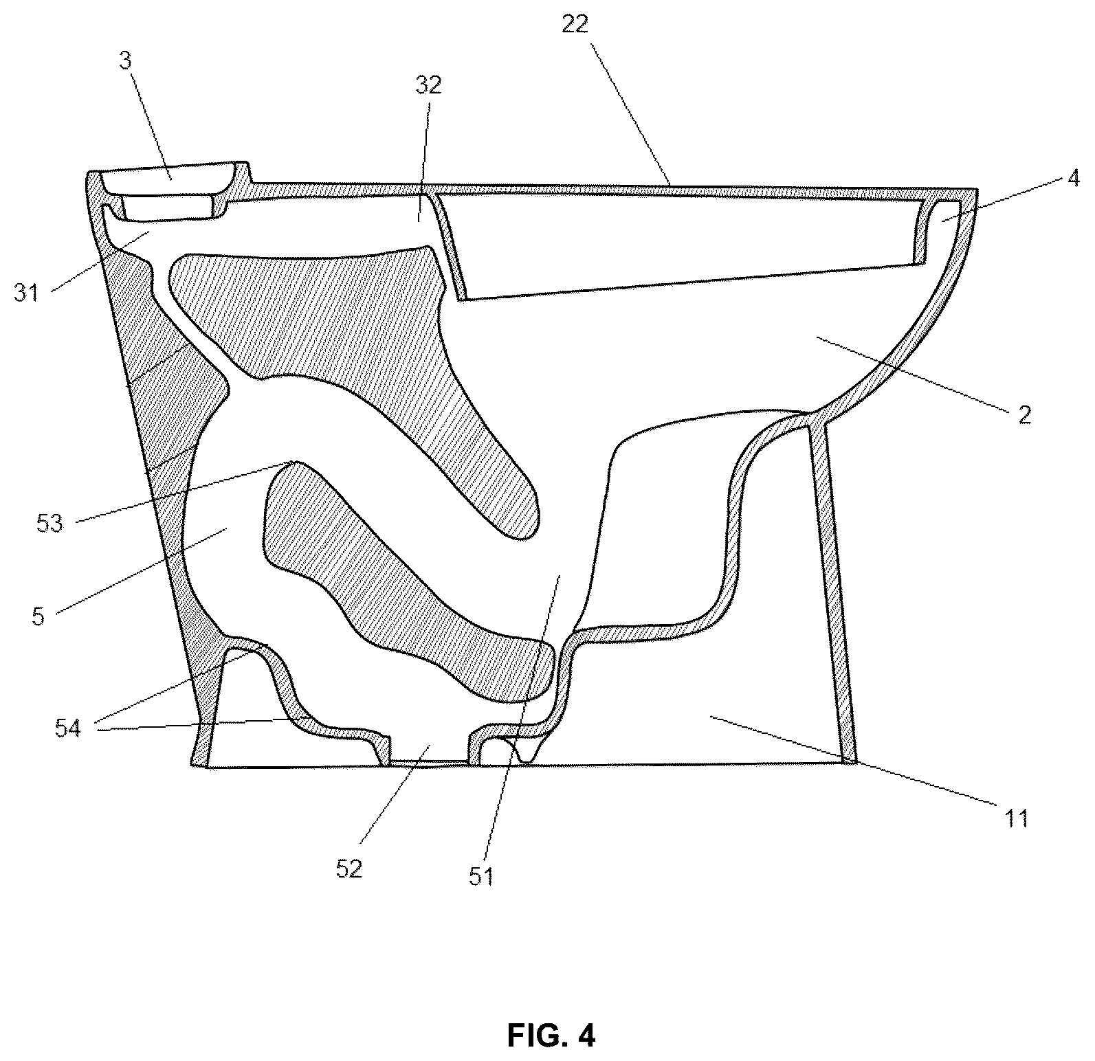 Patent US12448766 Figure 4 – Open-rim toilet with ports and openings in the rim and a wider discharge channel entrance to prevent blockage by waste