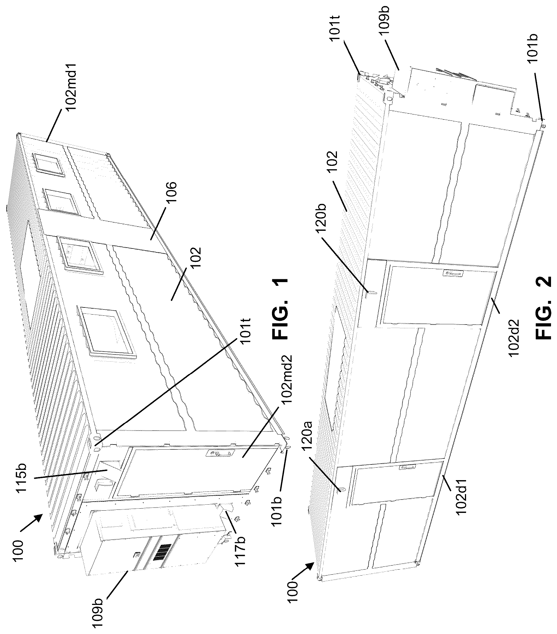Patent US12448770 Figure 1 – Compound structures with scalable interior room sizes using modular units to form mobile, semi-permanent and permanent structures