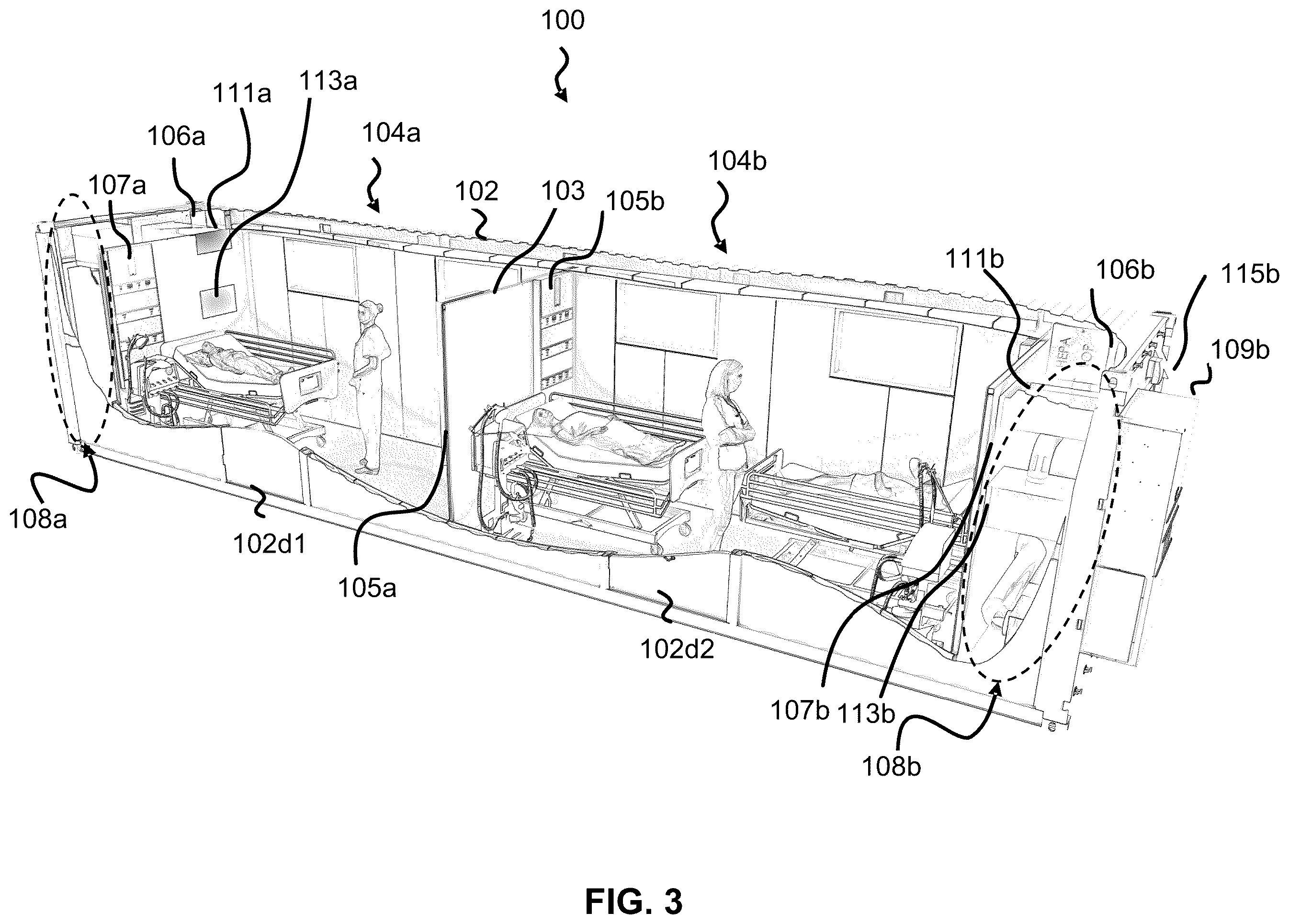 Patent US12448770 Figure 2 – Compound structures with scalable interior room sizes using modular units to form mobile, semi-permanent and permanent structures