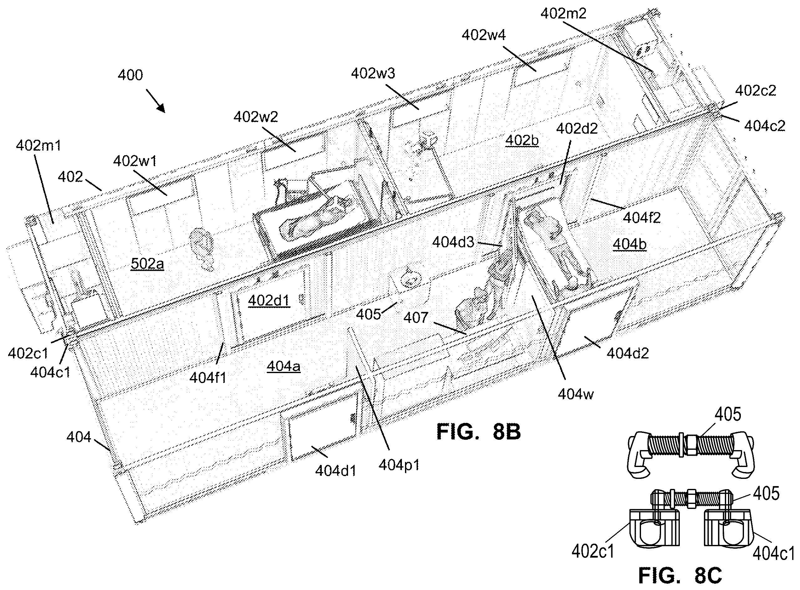 Patent US12448770 Figure 7 – Compound structures with scalable interior room sizes using modular units to form mobile, semi-permanent and permanent structures