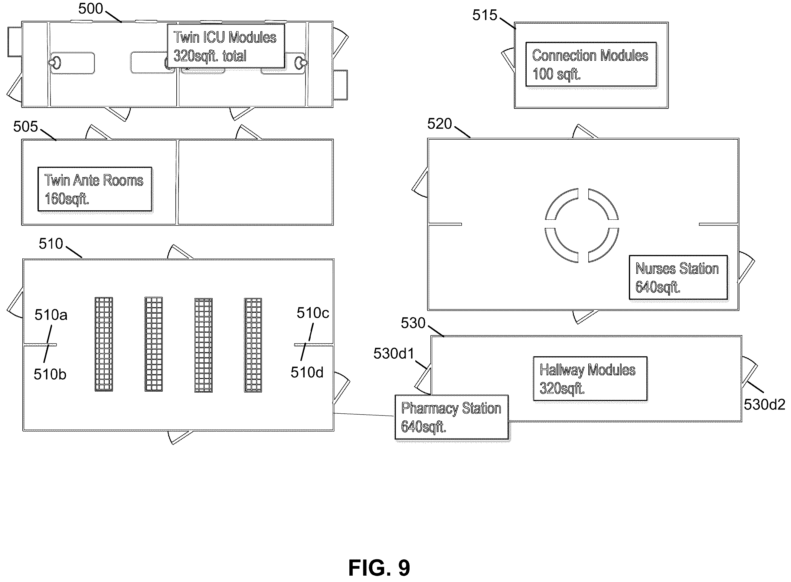 Patent US12448770 Figure 8 – Compound structures with scalable interior room sizes using modular units to form mobile, semi-permanent and permanent structures