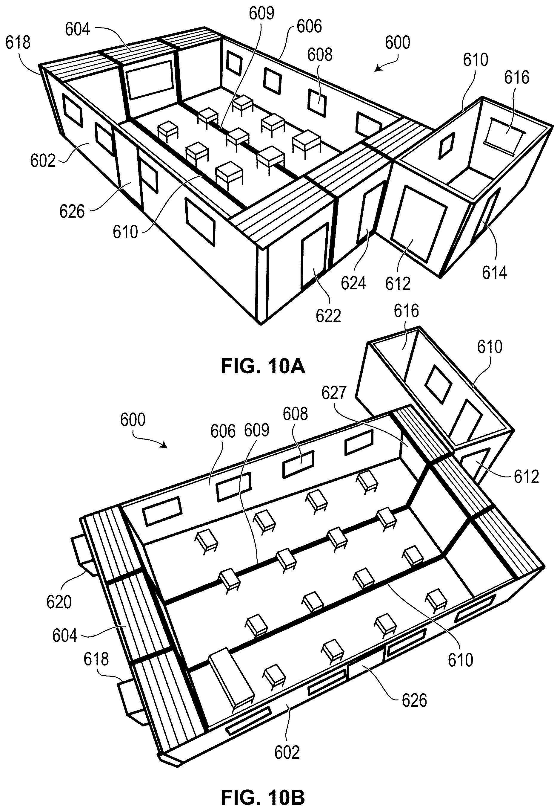 Patent US12448770 Figure 9 – Compound structures with scalable interior room sizes using modular units to form mobile, semi-permanent and permanent structures