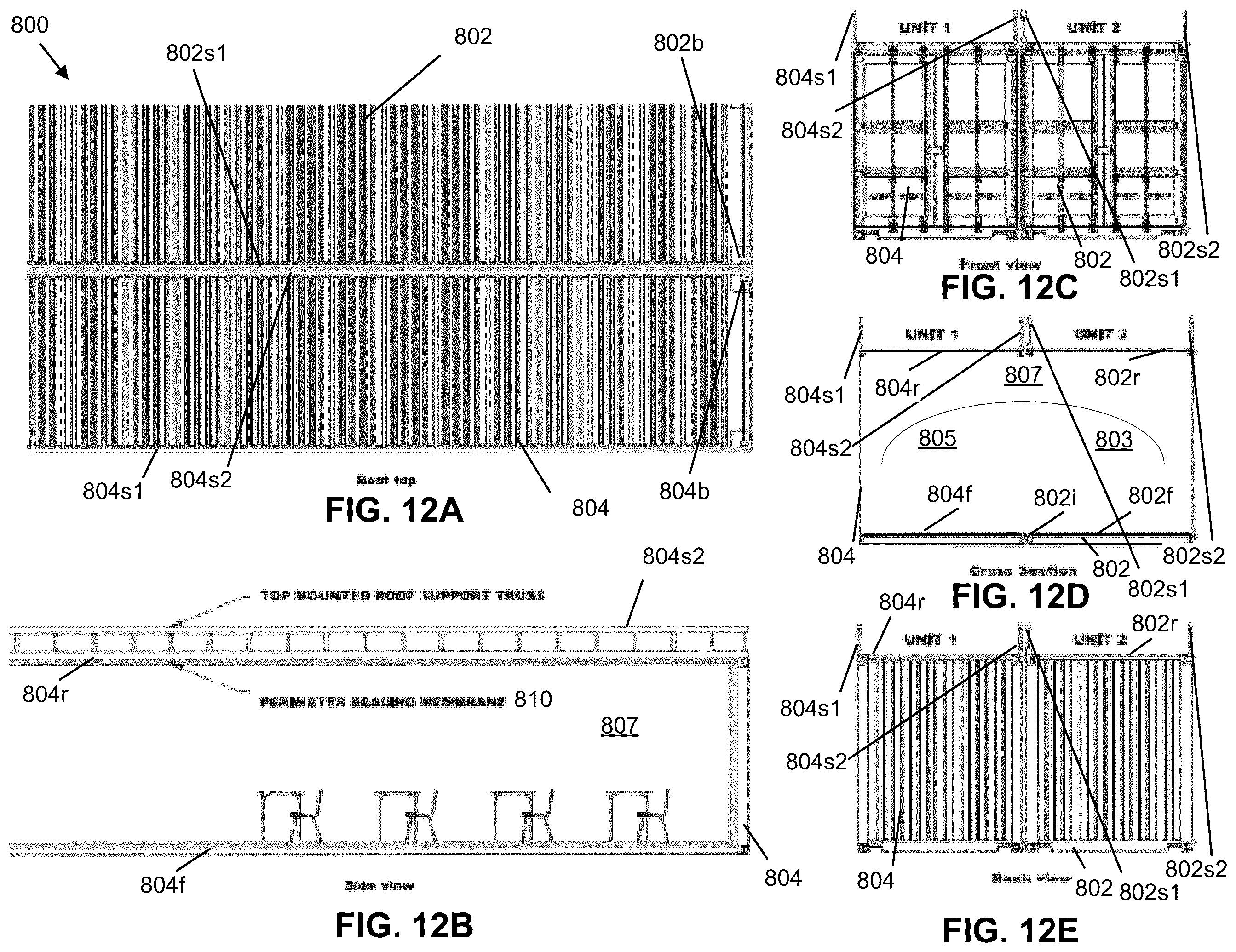 Patent US12448770 Figure 12 – Compound structures with scalable interior room sizes using modular units to form mobile, semi-permanent and permanent structures