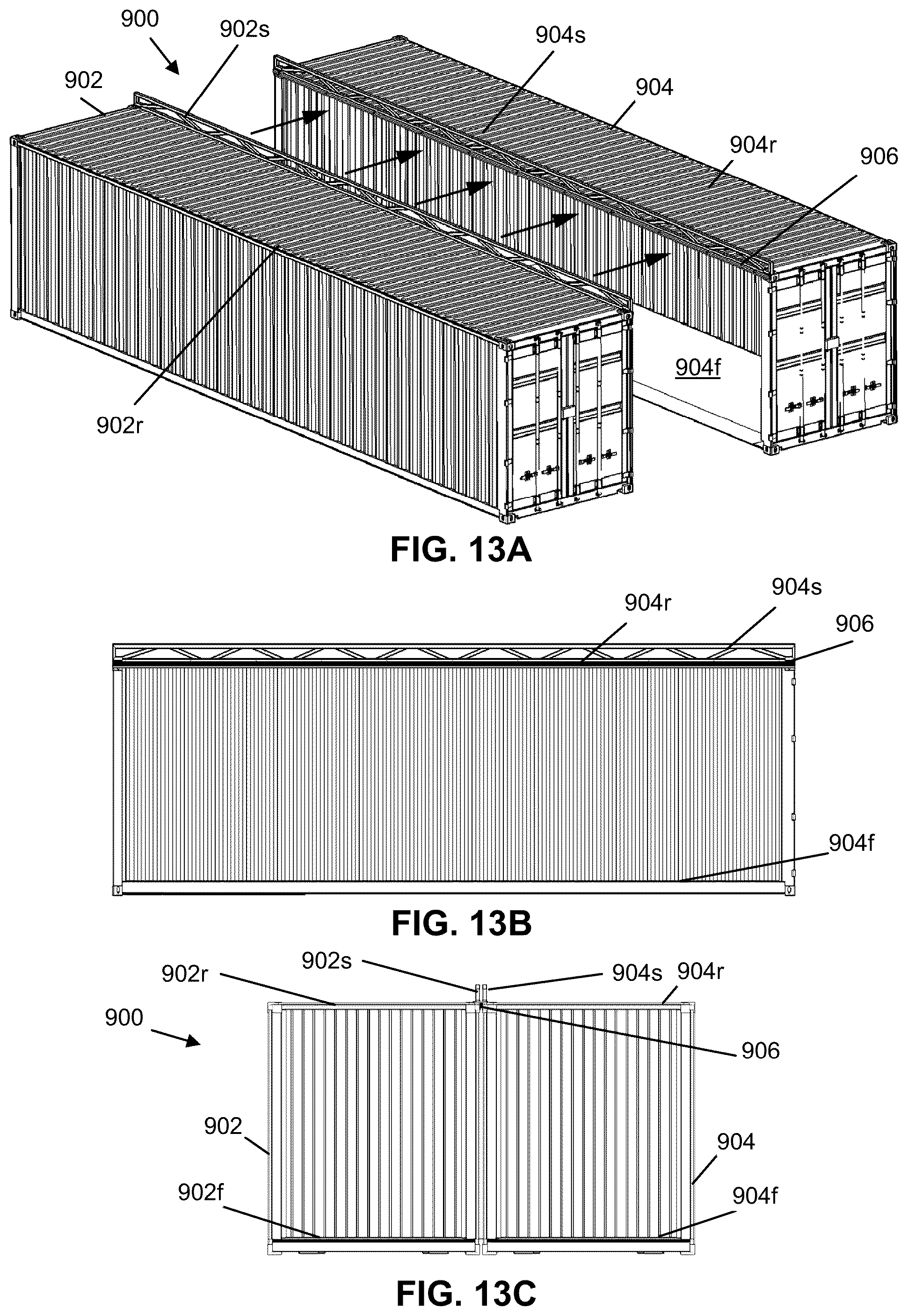 Patent US12448770 Figure 13 – Compound structures with scalable interior room sizes using modular units to form mobile, semi-permanent and permanent structures
