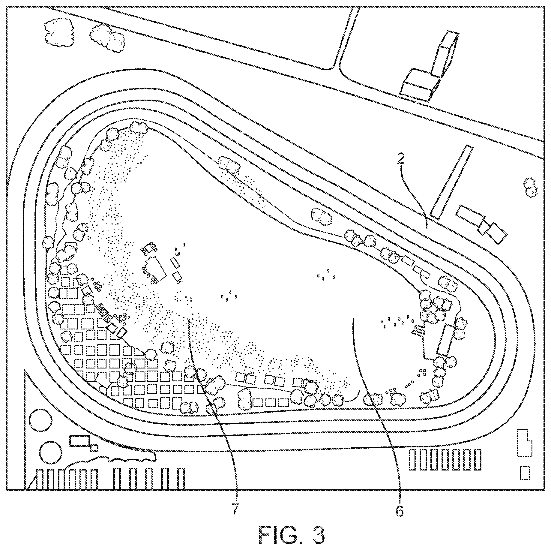 Patent US12448799 Figure 2 – Venue transformation and construction method for creating a public access tropical style swimming lagoon with beaches at the infield of racing and/or activity circuits
