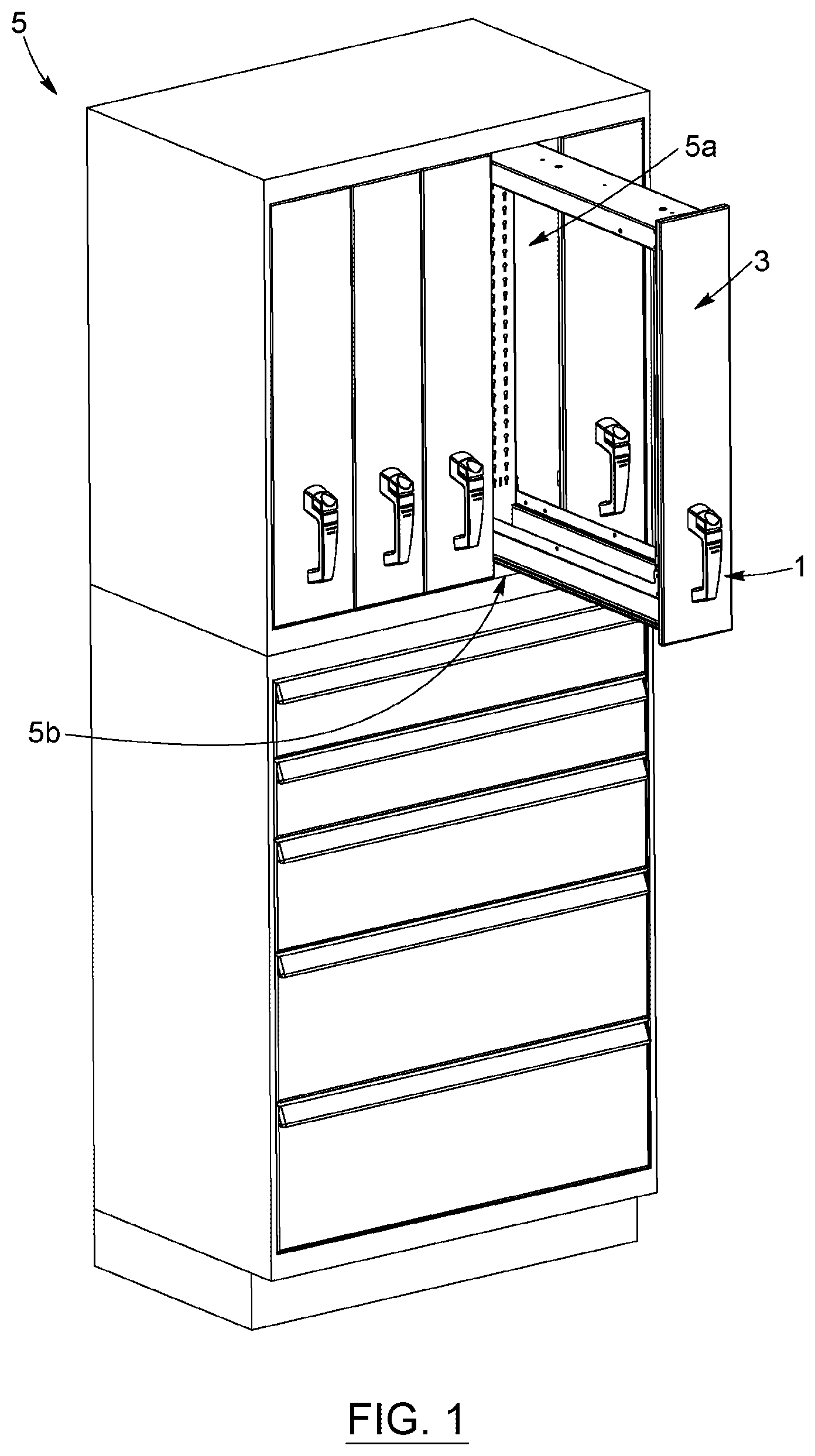 Patent US12448811 Figure 1 – Handle system for vertical drawer, cabinet structure provided with such system, kit for assembling the same, and corresponding methods of manufacturing, assembling and operating associated thereto