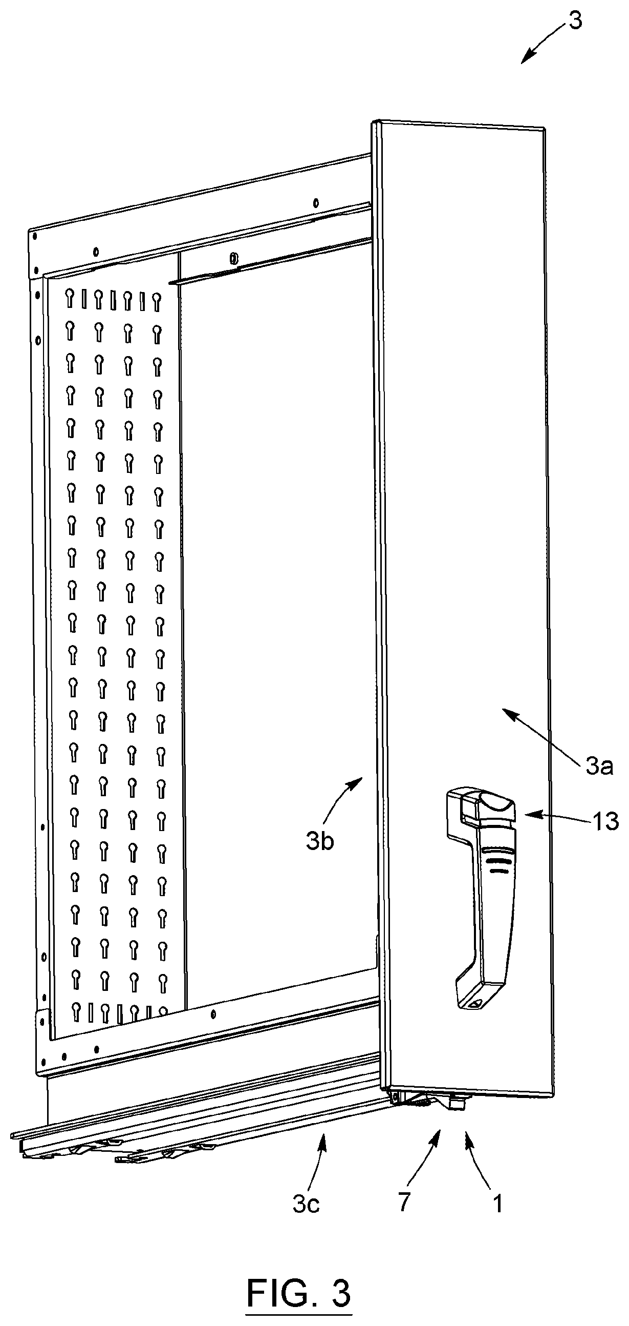 Patent US12448811 Figure 3 – Handle system for vertical drawer, cabinet structure provided with such system, kit for assembling the same, and corresponding methods of manufacturing, assembling and operating associated thereto