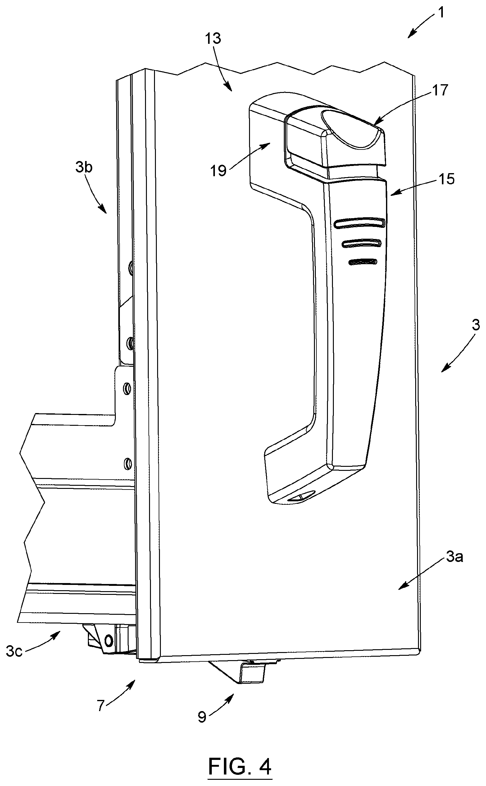 Patent US12448811 Figure 4 – Handle system for vertical drawer, cabinet structure provided with such system, kit for assembling the same, and corresponding methods of manufacturing, assembling and operating associated thereto