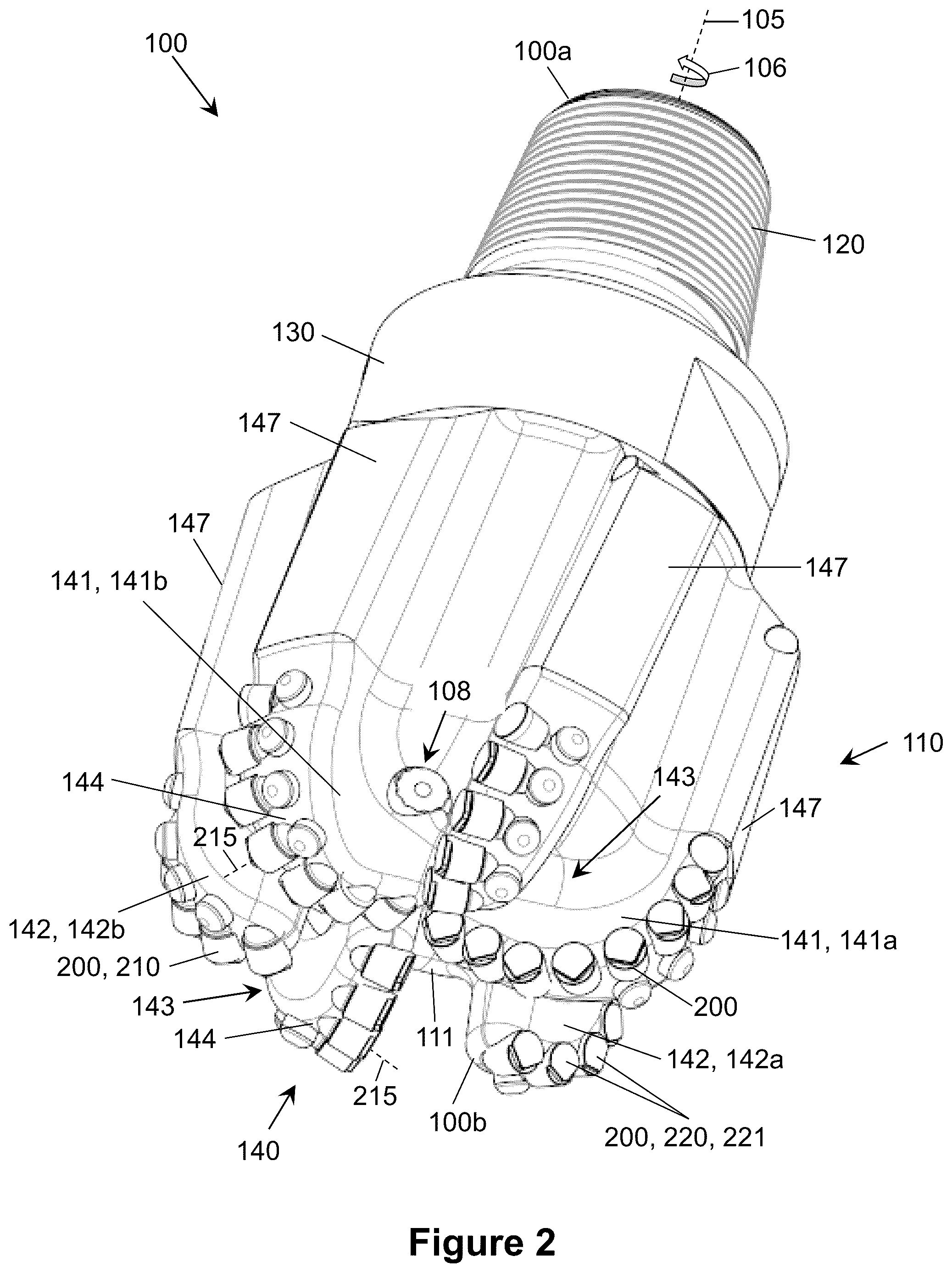 Patent US12448852 Figure 2 – Fixed cutter drill bits and cutter element with secondary cutting edges for same