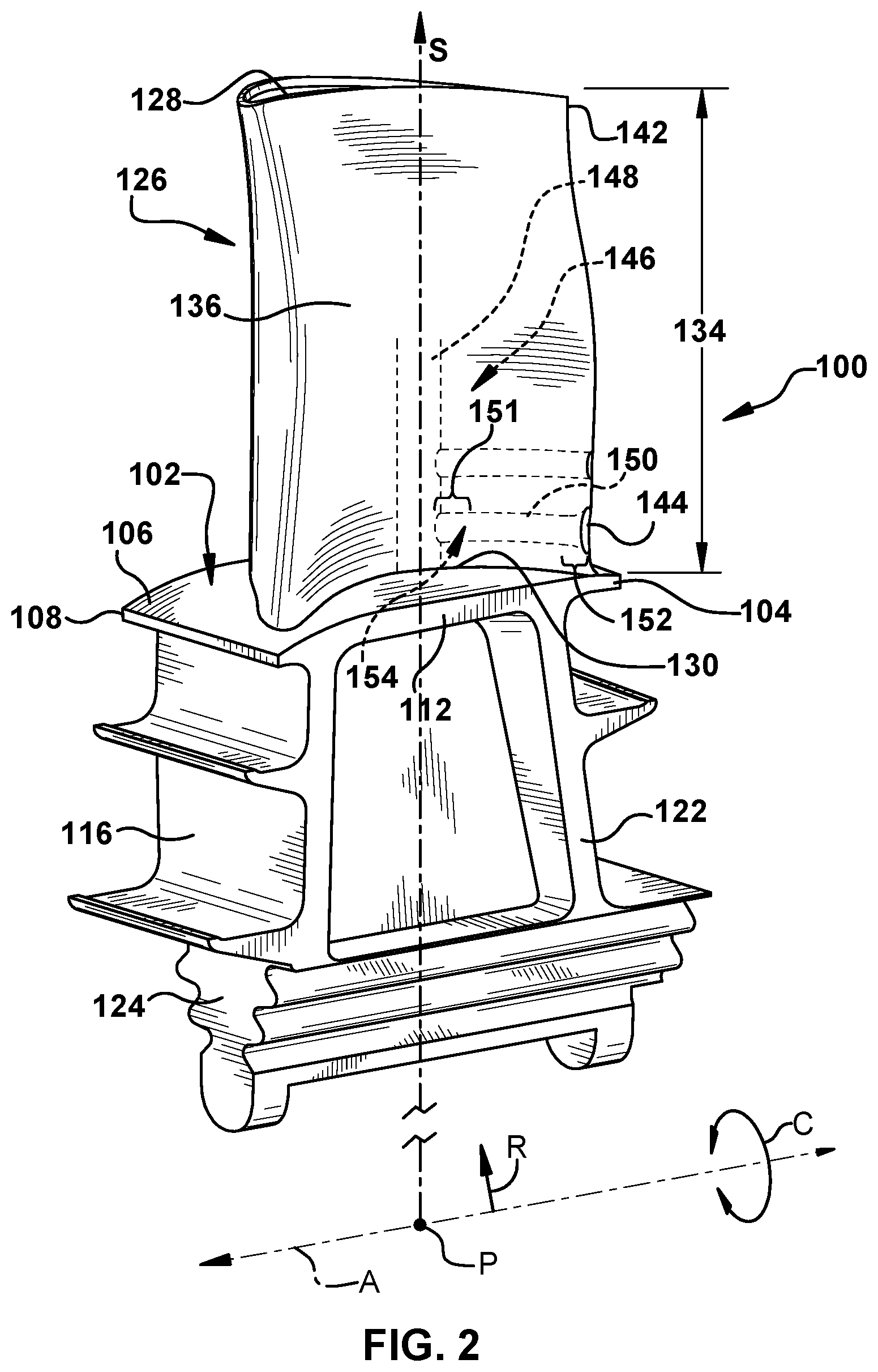Patent US12448894 Figure 2 – Aerodynamic turbomachine component with cooling features and method of making