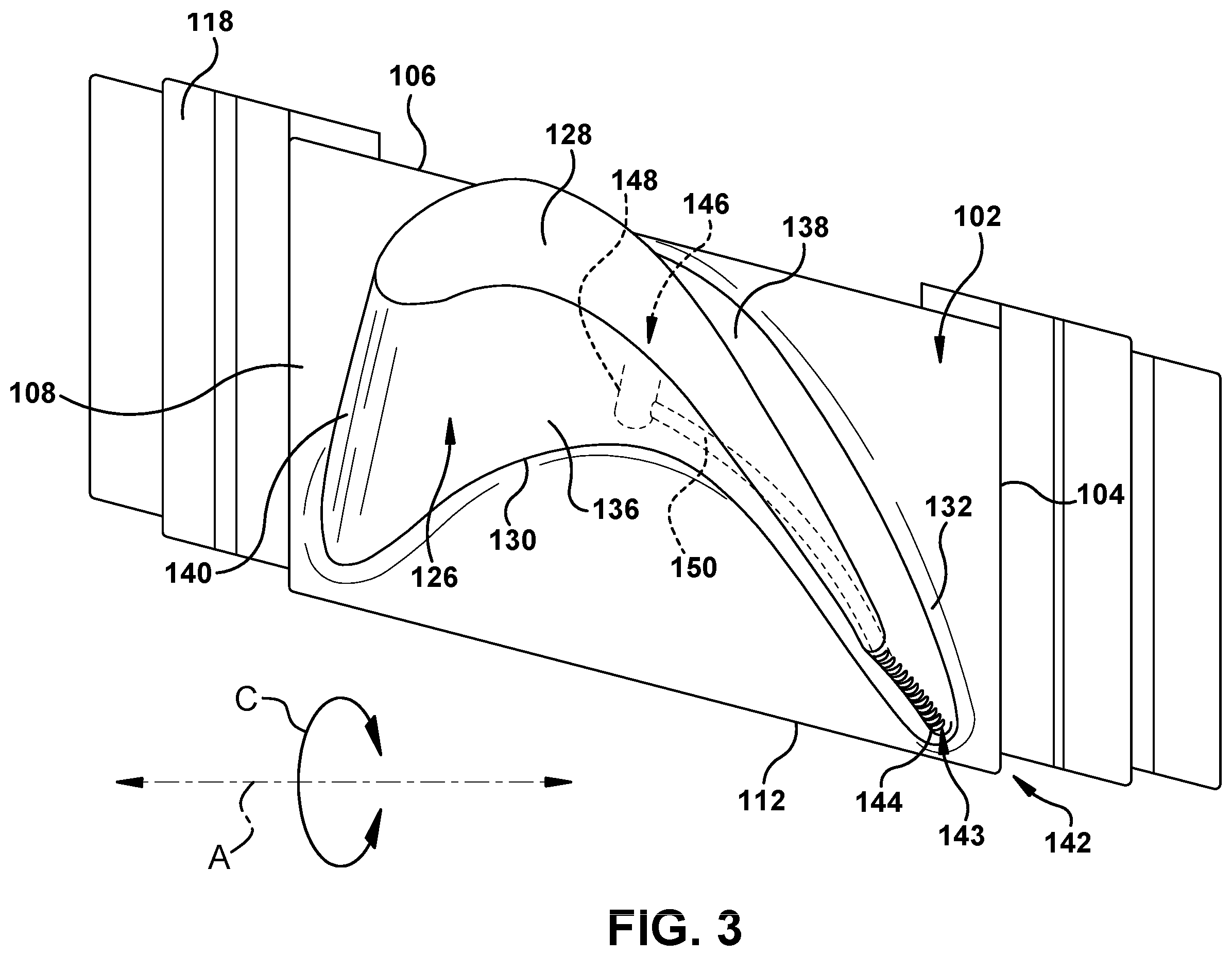Patent US12448894 Figure 3 – Aerodynamic turbomachine component with cooling features and method of making