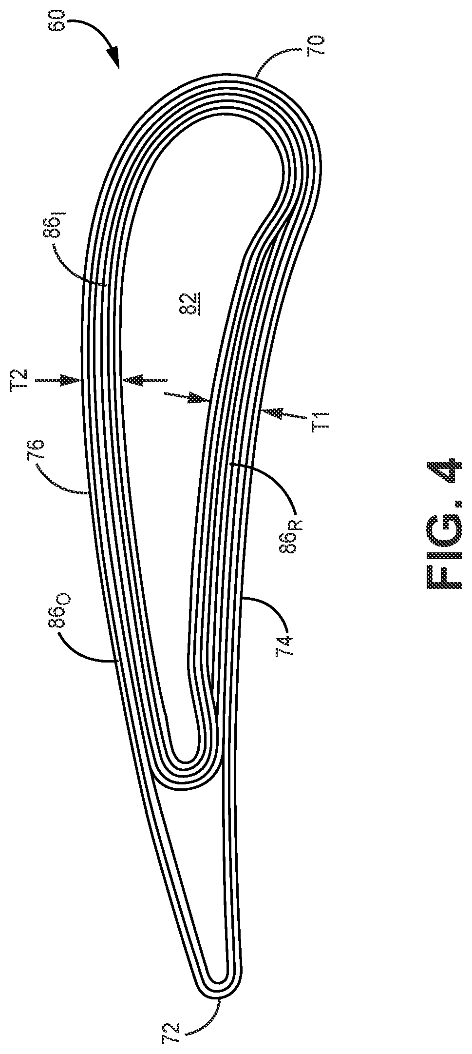 Patent US12448896 Figure 4 – Localized thickening ply reinforcement within ceramic matrix composite airfoil cavity