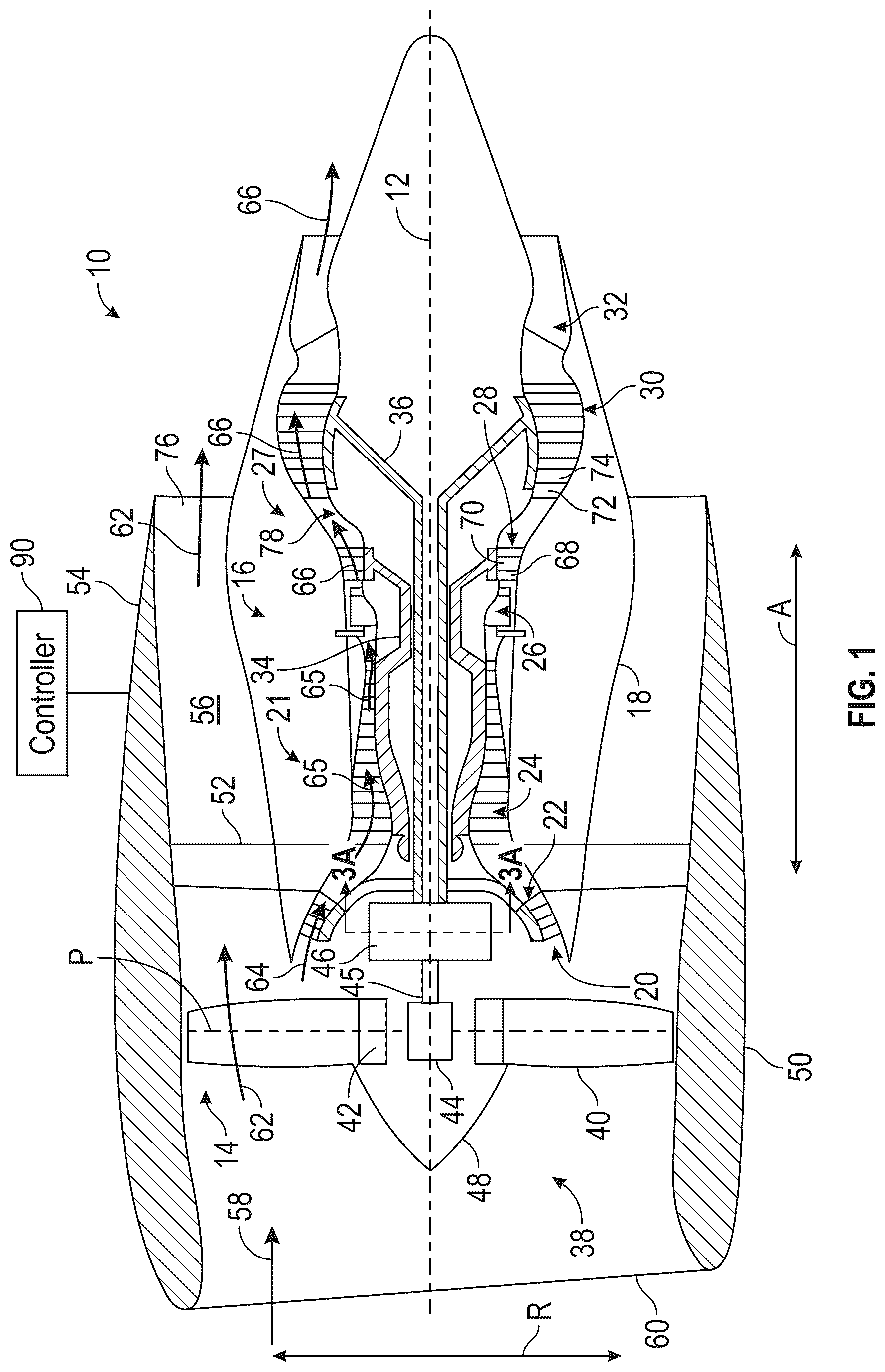 Patent US12448903 Figure 1 – Turbine engine having a lubrication system with a gearbox lubrication system parameter