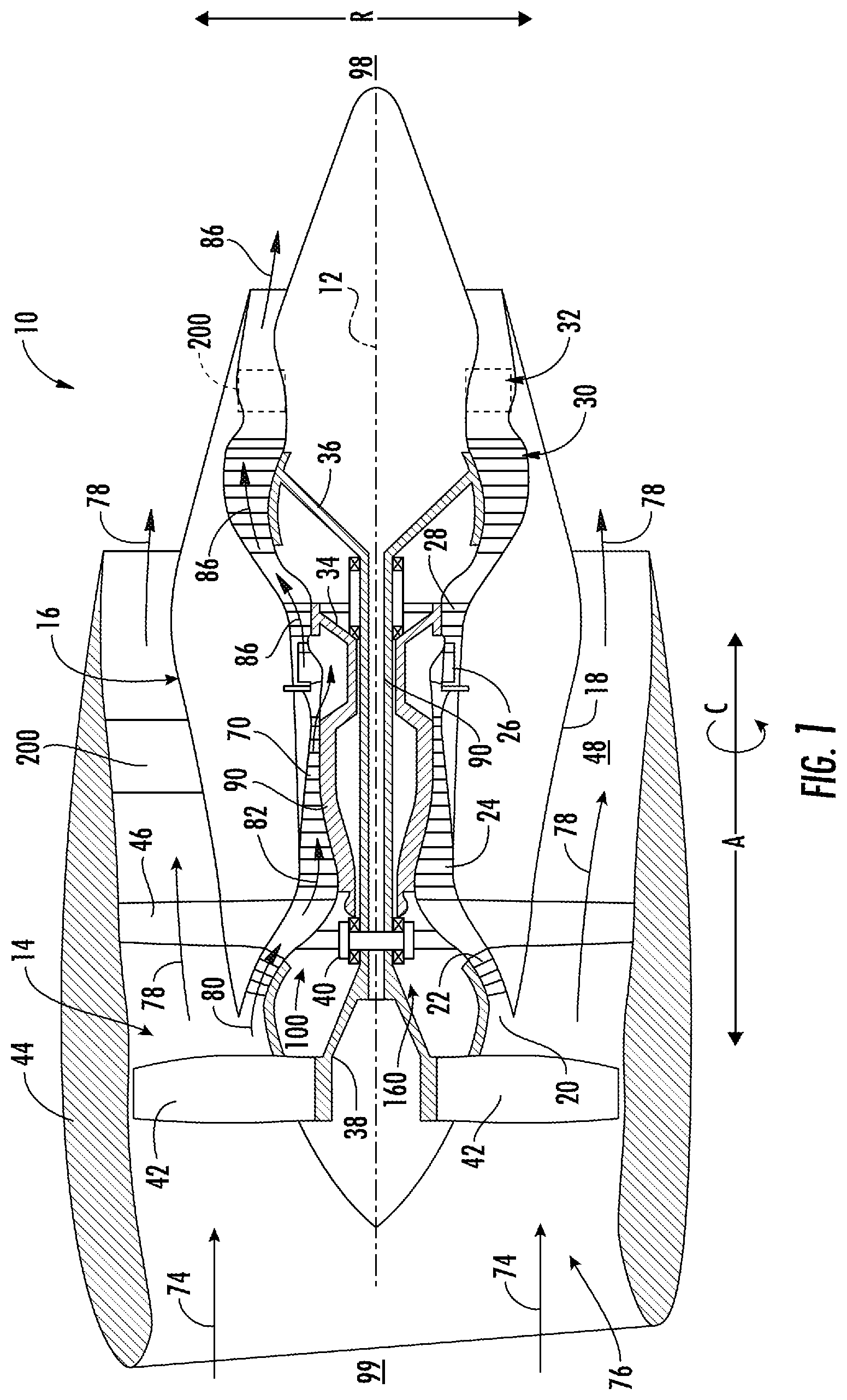 Patent US12448936 Figure 1 – Gas turbine engine having a heat exchanger located in an annular duct