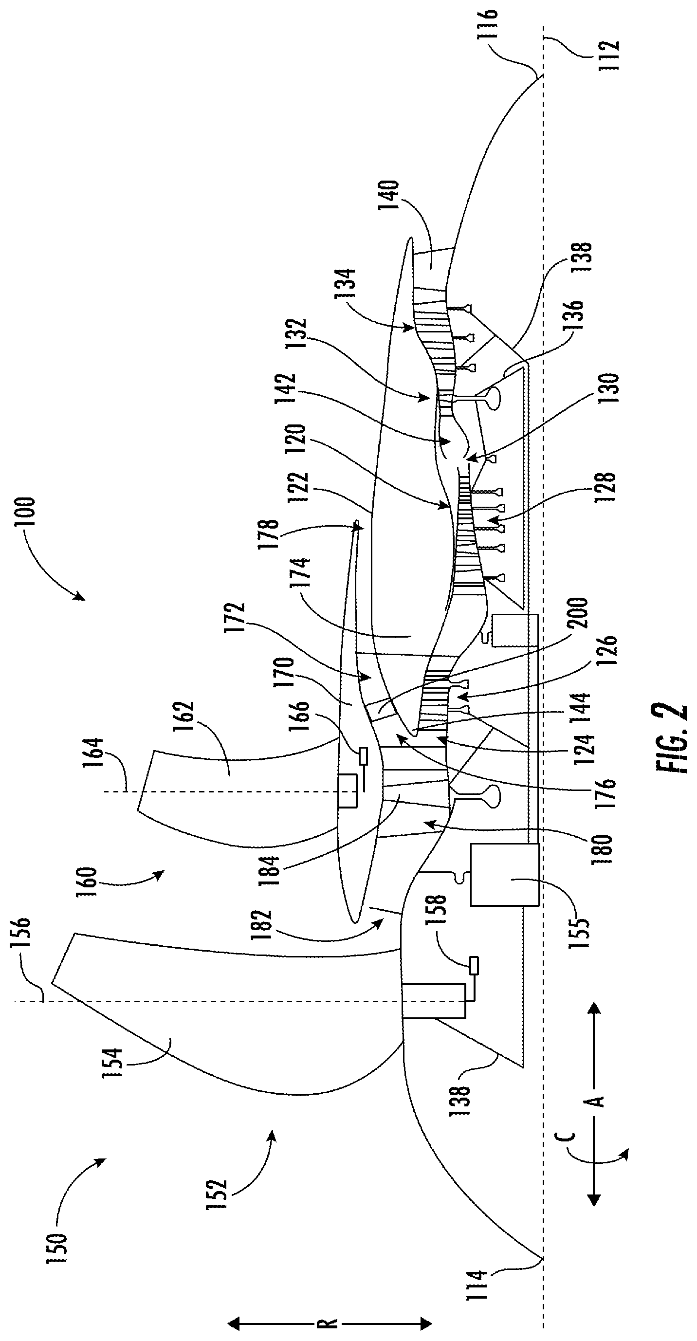 Patent US12448936 Figure 2 – Gas turbine engine having a heat exchanger located in an annular duct