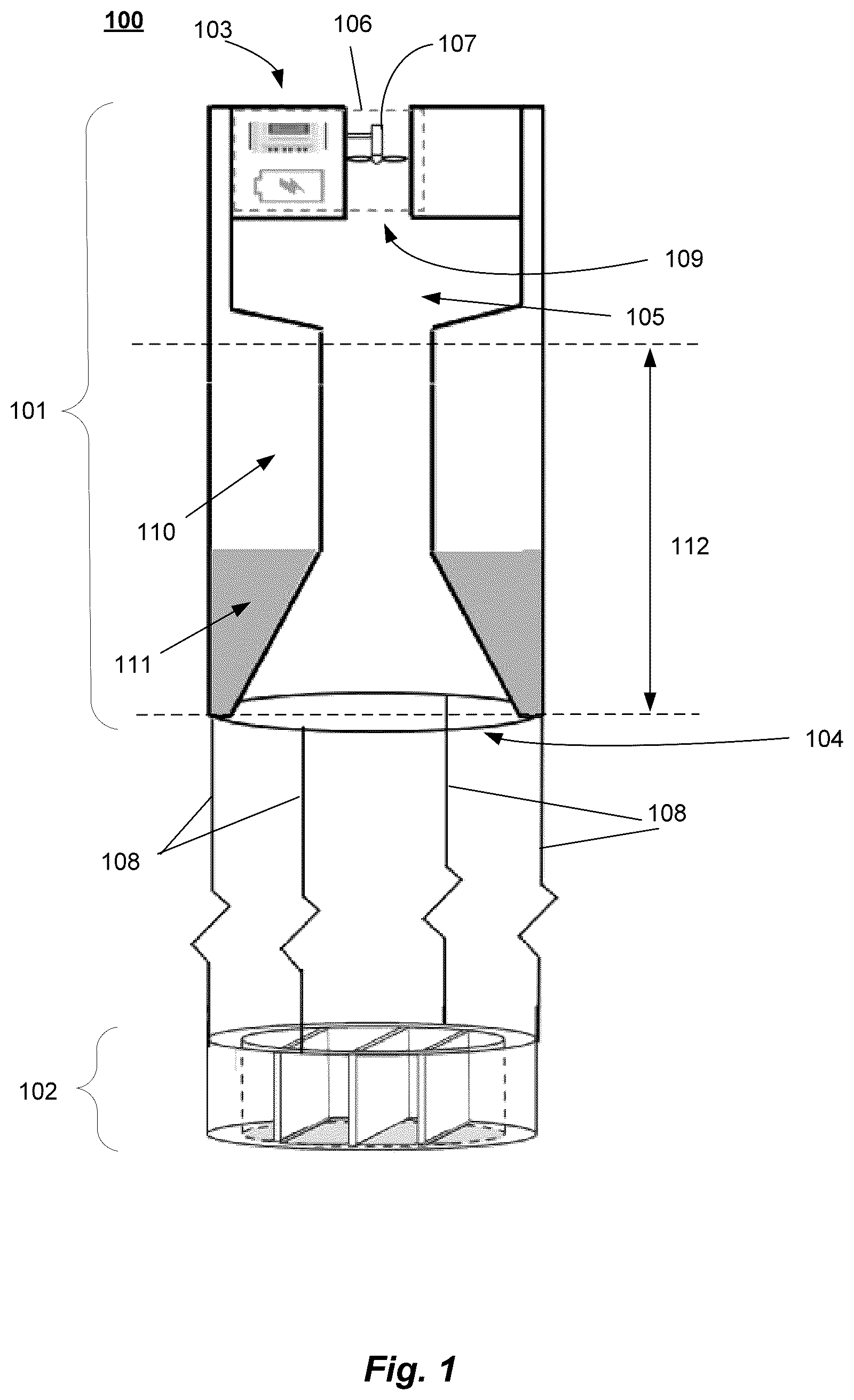 Patent US12448943 Figure 1 – Two-body flexible tether-connected oscillating water column
