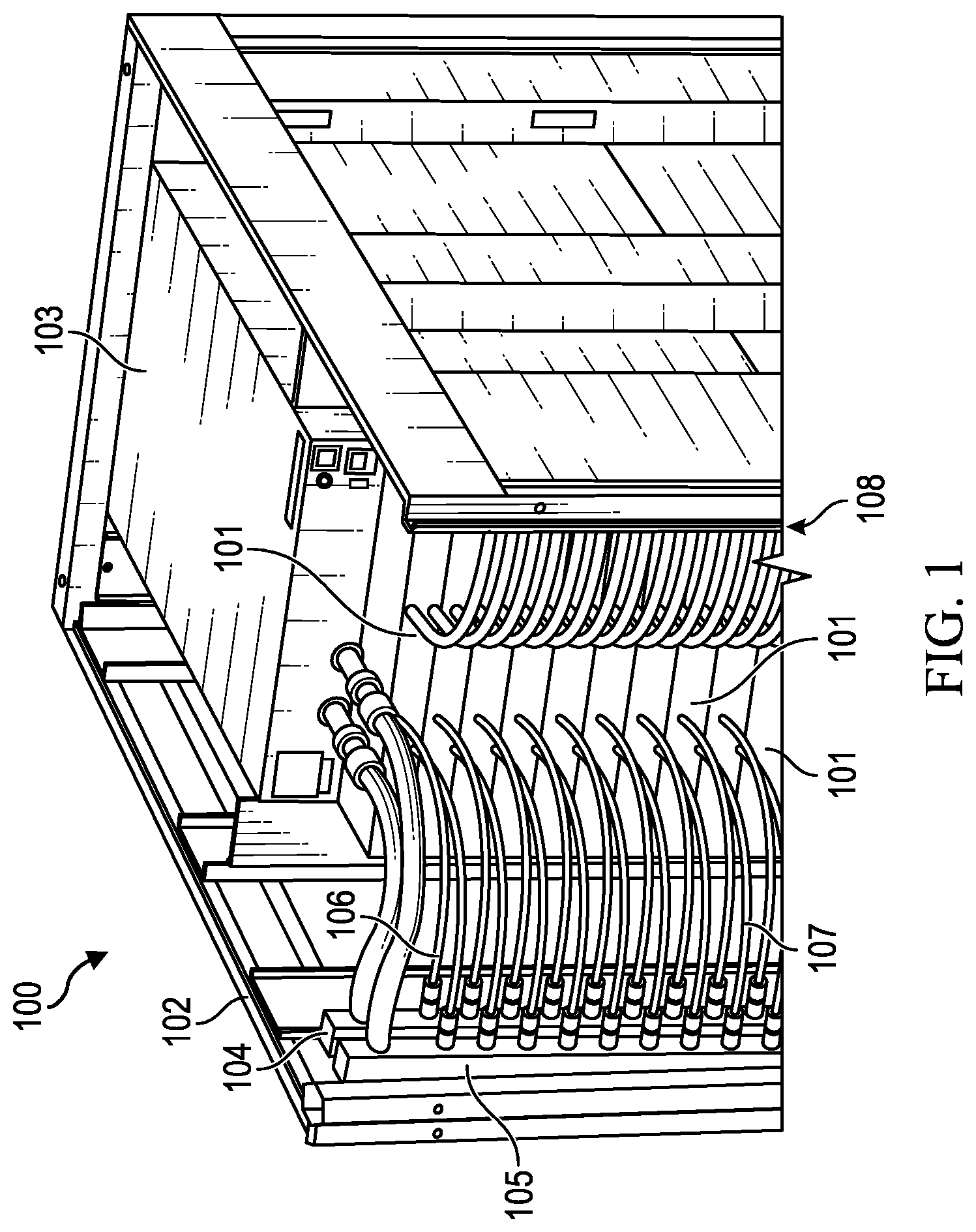 Patent US12453045 Figure 1 – Liquid line routing apparatus for information technology equipment