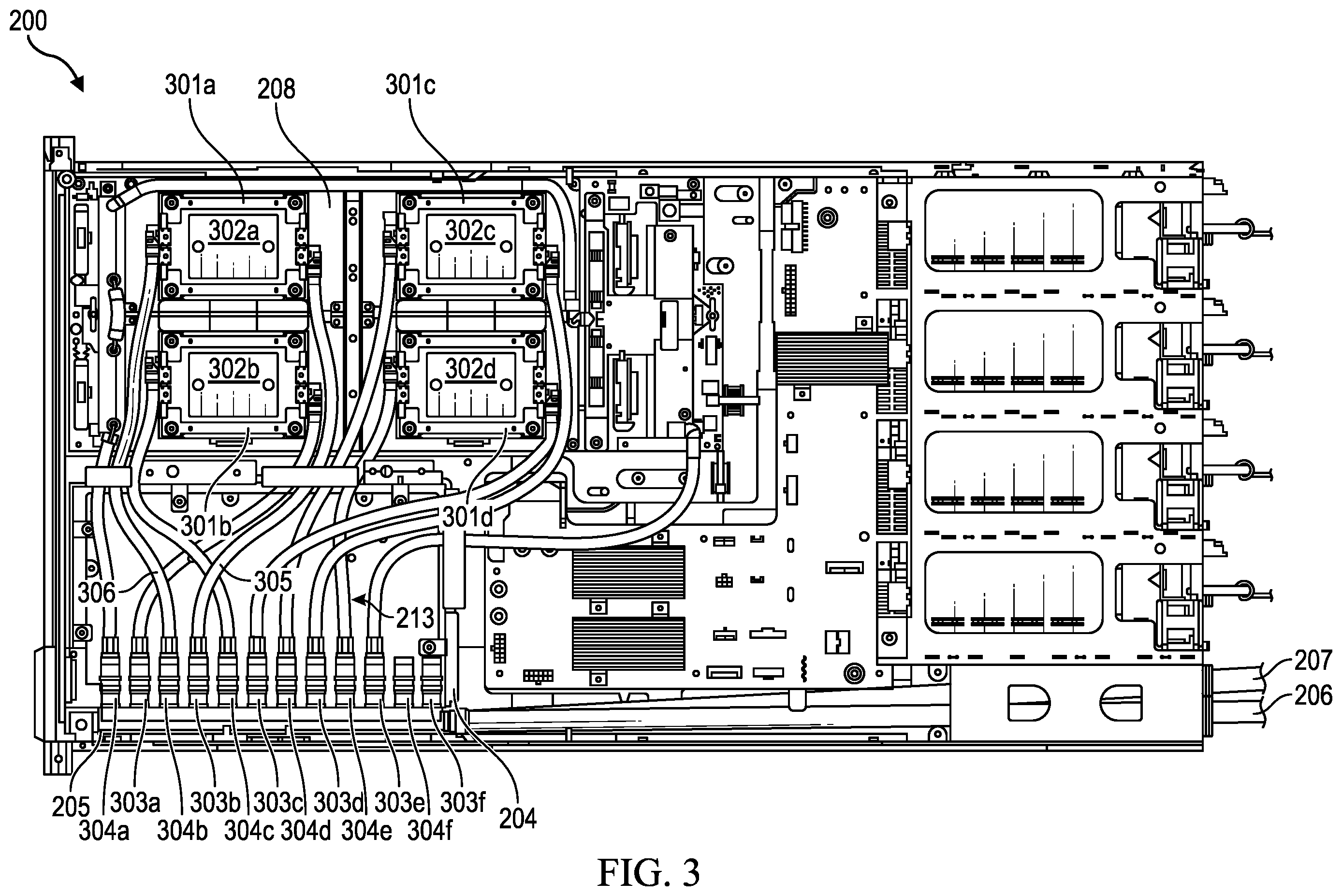 Patent US12453045 Figure 4 – Liquid line routing apparatus for information technology equipment